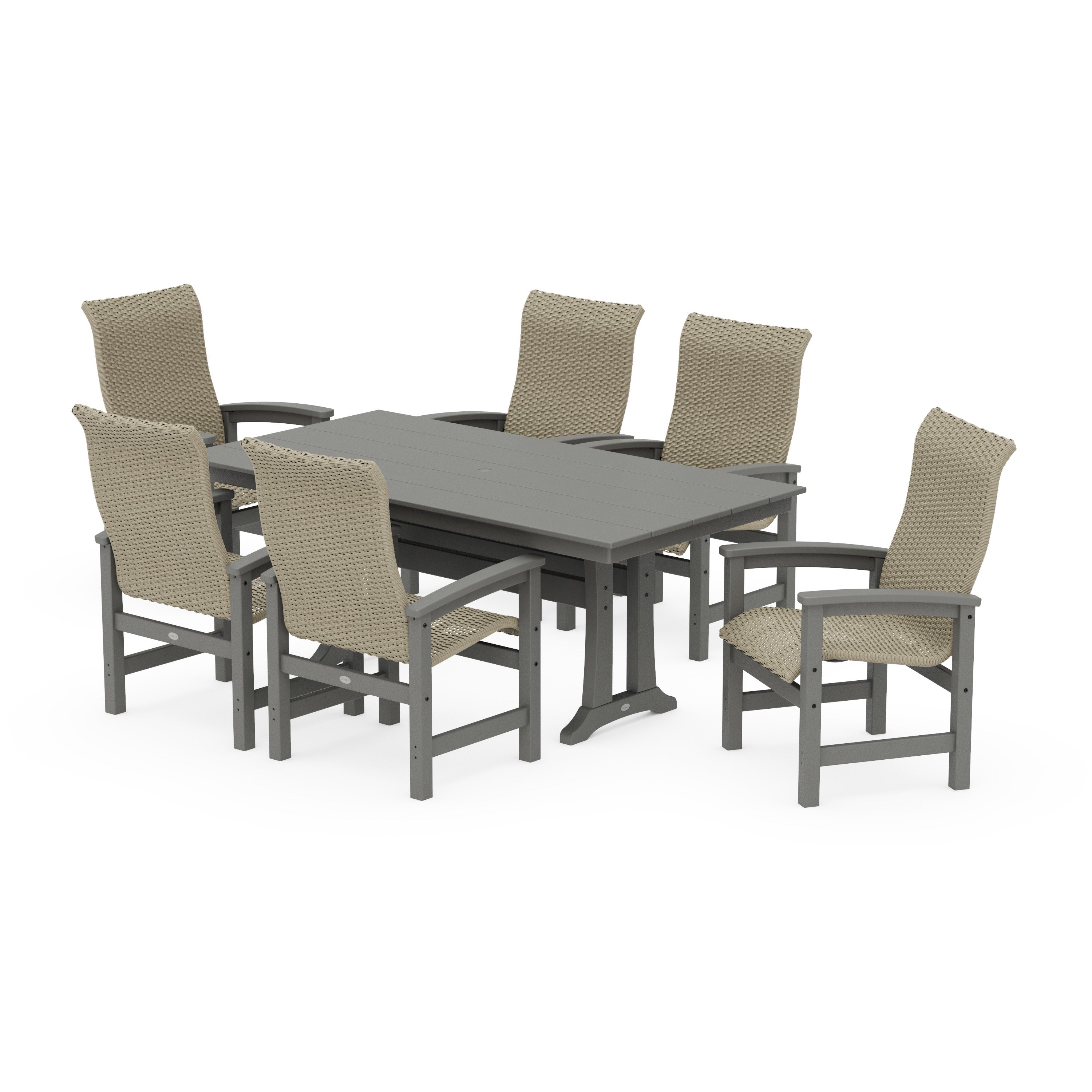 Coastal Woven High-Back Arm Chair 7-Piece Farmhouse Dining Set with Trestle Legs
