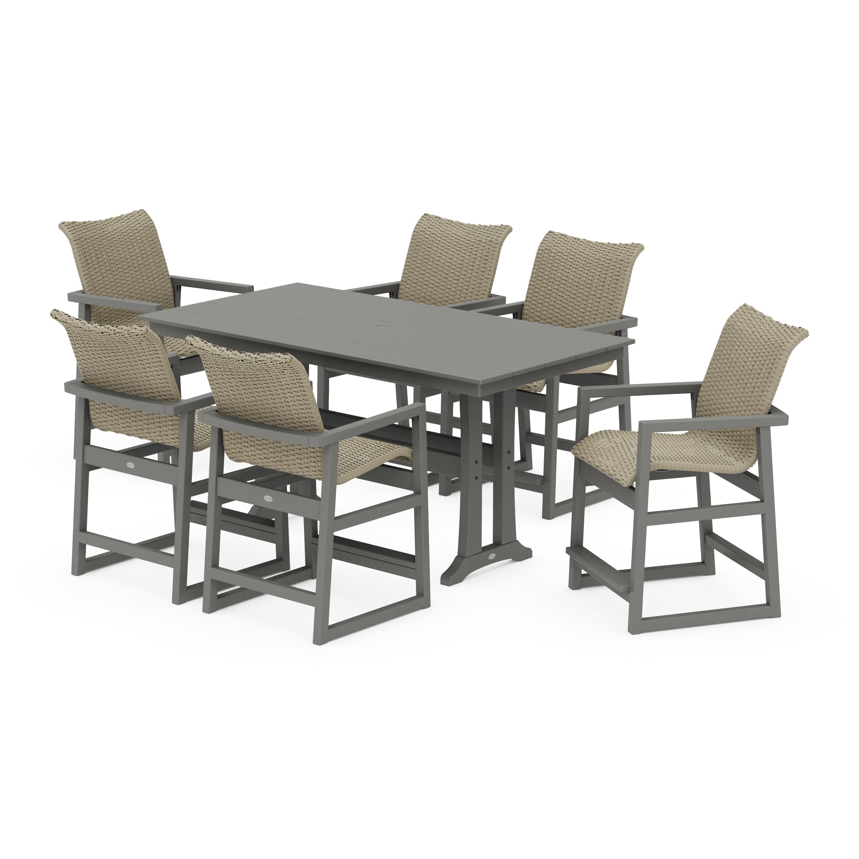 EDGE Woven Arm Chair 7-Piece Farmhouse Counter Set with Trestle Legs