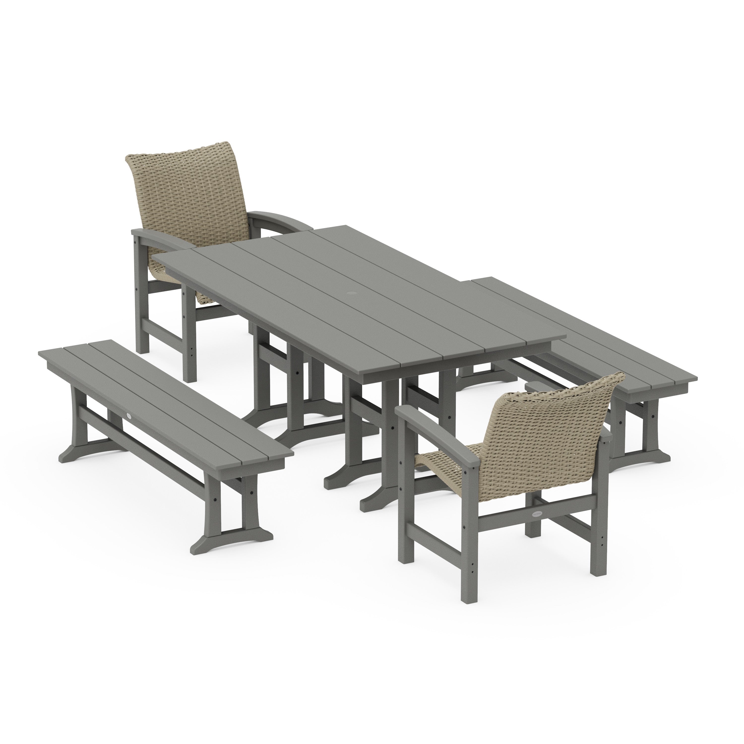 Coastal Woven 5-Piece Farmhouse Dining Set with Benches