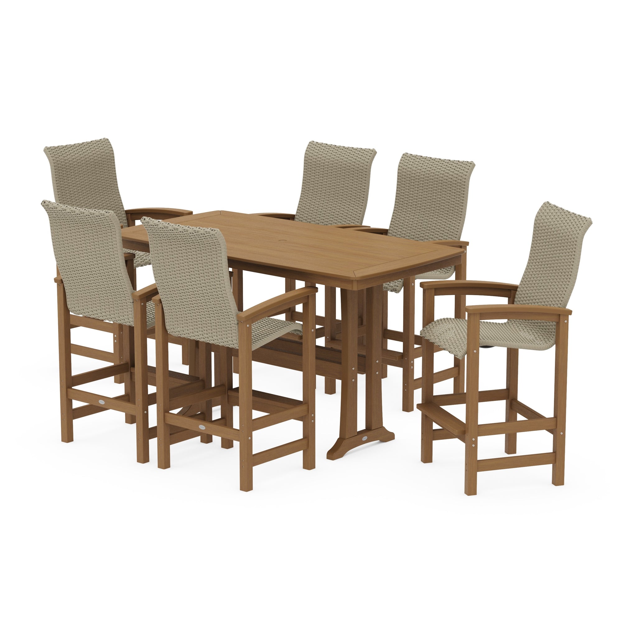 Coastal Woven High-Back Arm Chair 7-Piece Bar Set with Trestle Legs