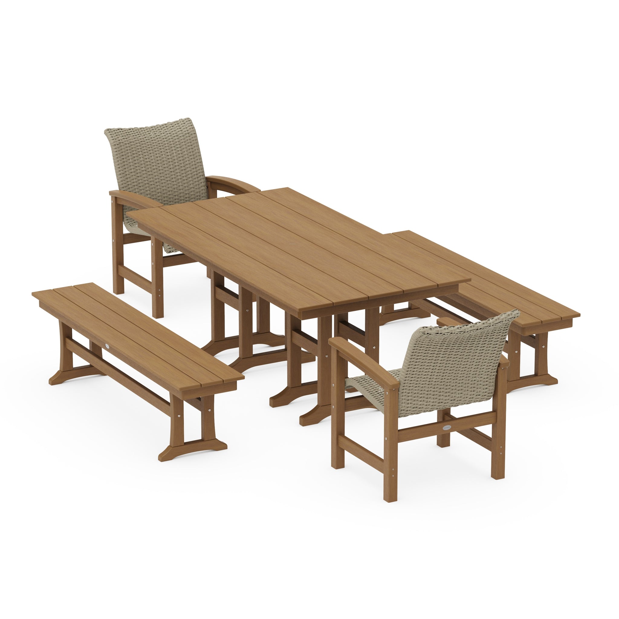 Coastal Woven 5-Piece Farmhouse Dining Set with Benches