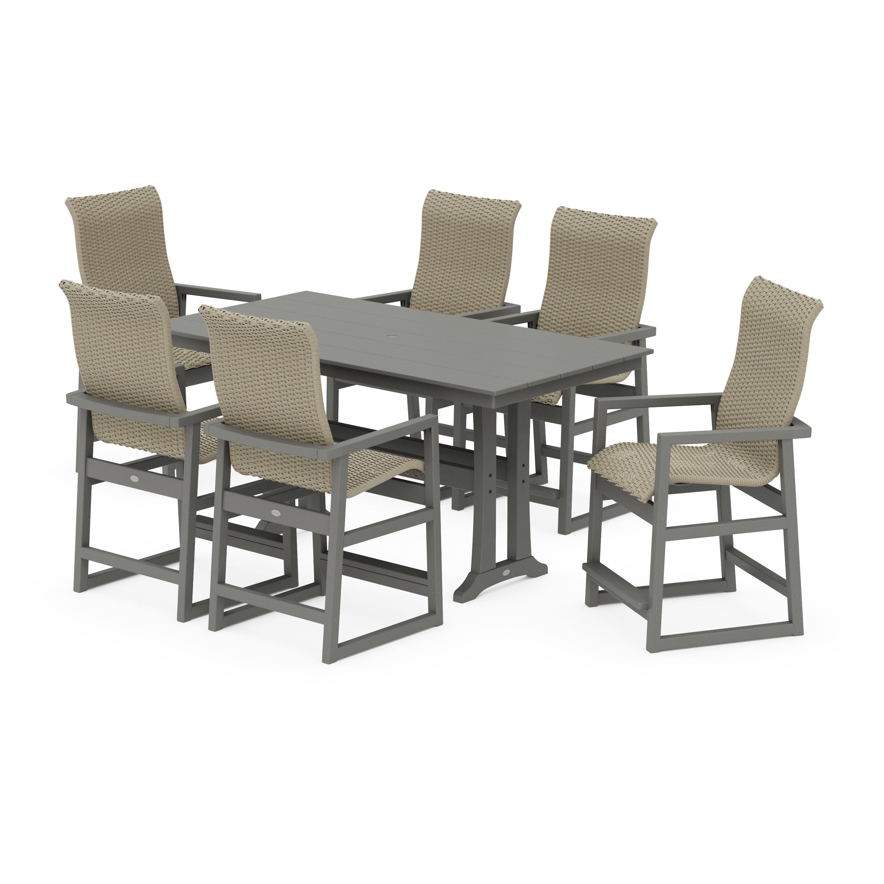 EDGE Woven Highback Arm Chair 7-Piece Farmhouse Counter Set with Trestle Legs