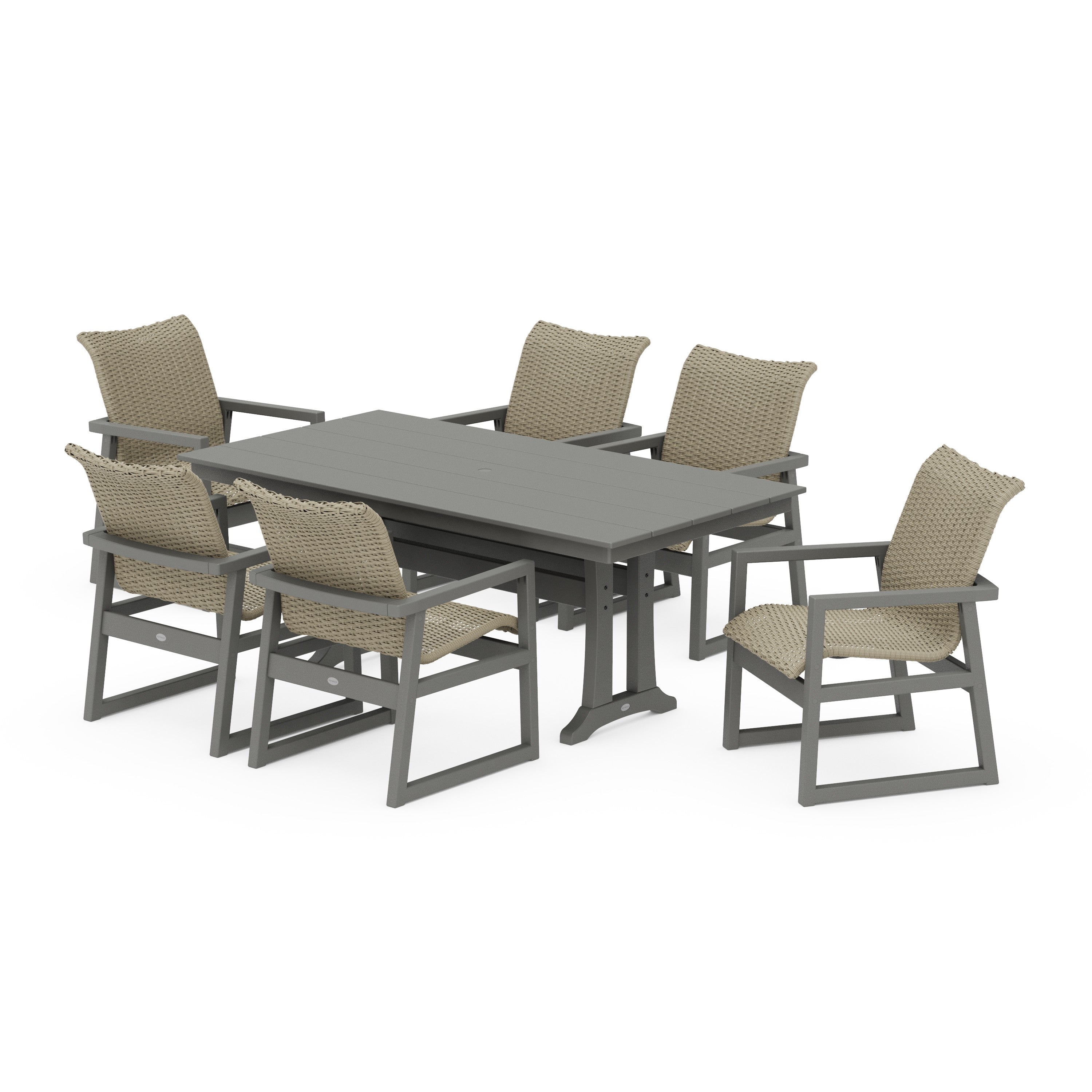 EDGE Woven Arm Chair 7-Piece Farmhouse Dining Set with Trestle Legs