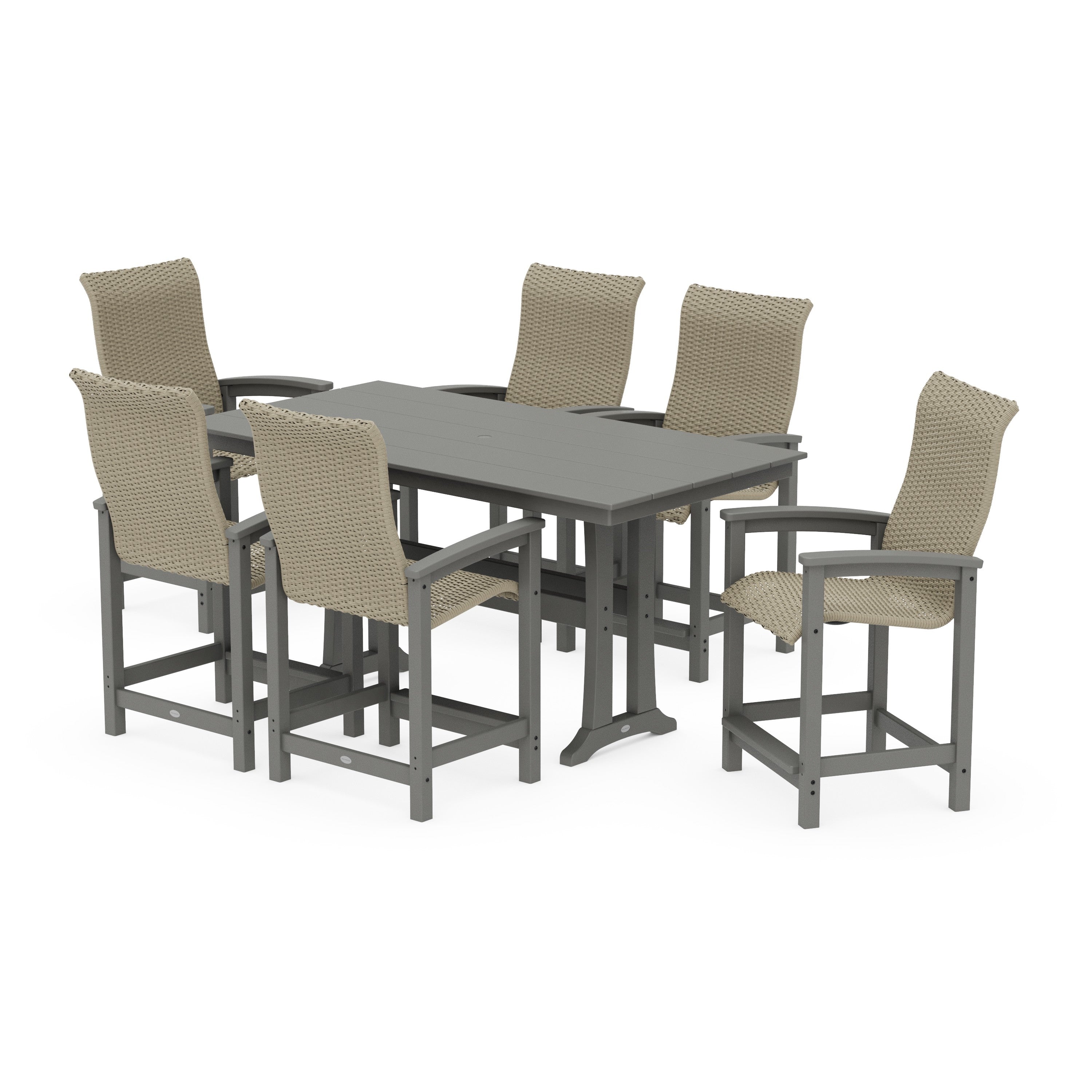 Coastal Woven High-Back Arm Chair 7-Piece Farmhouse Counter Set with Trestle Legs