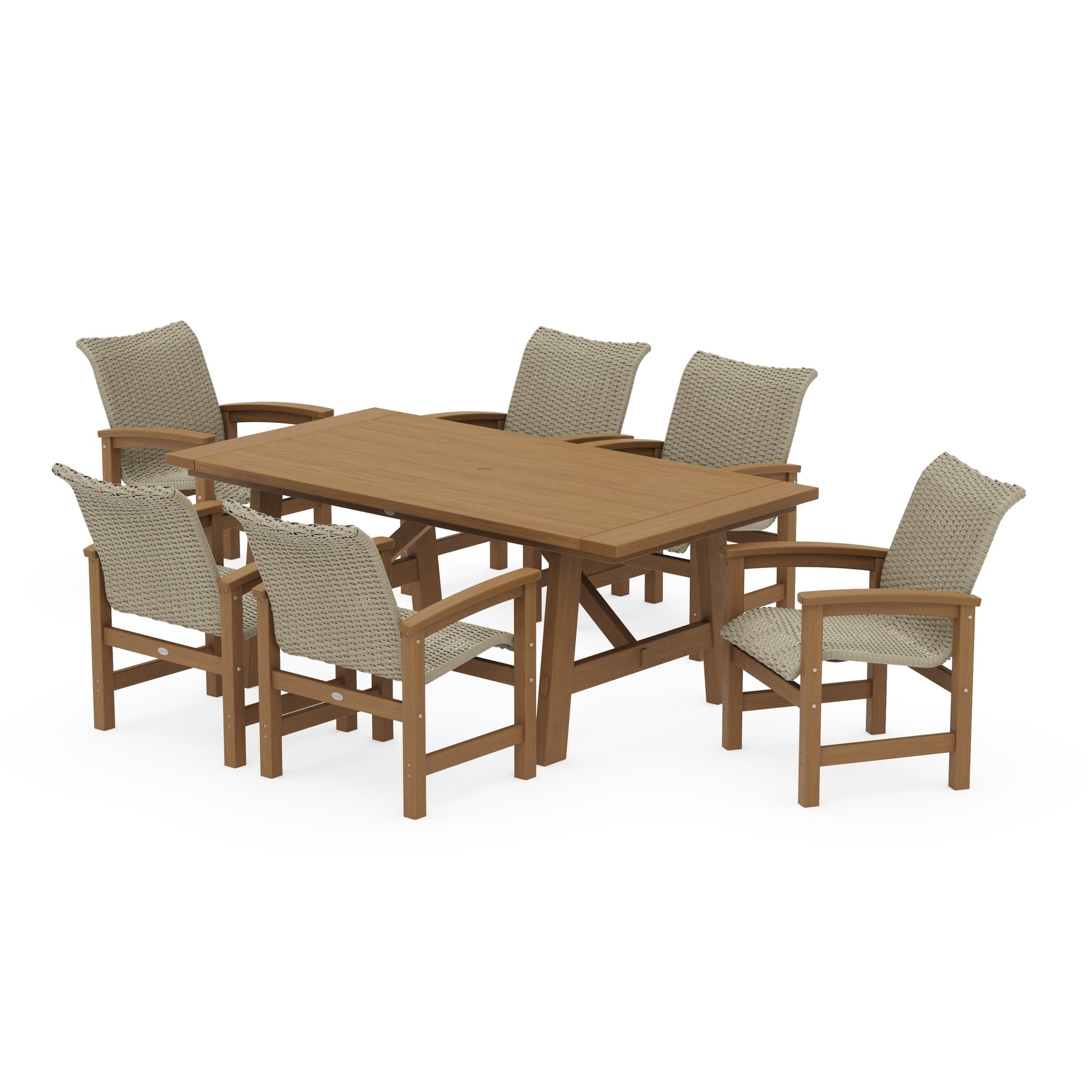 Coastal Woven Arm Chair 7-Piece Rustic Farmhouse Dining Set