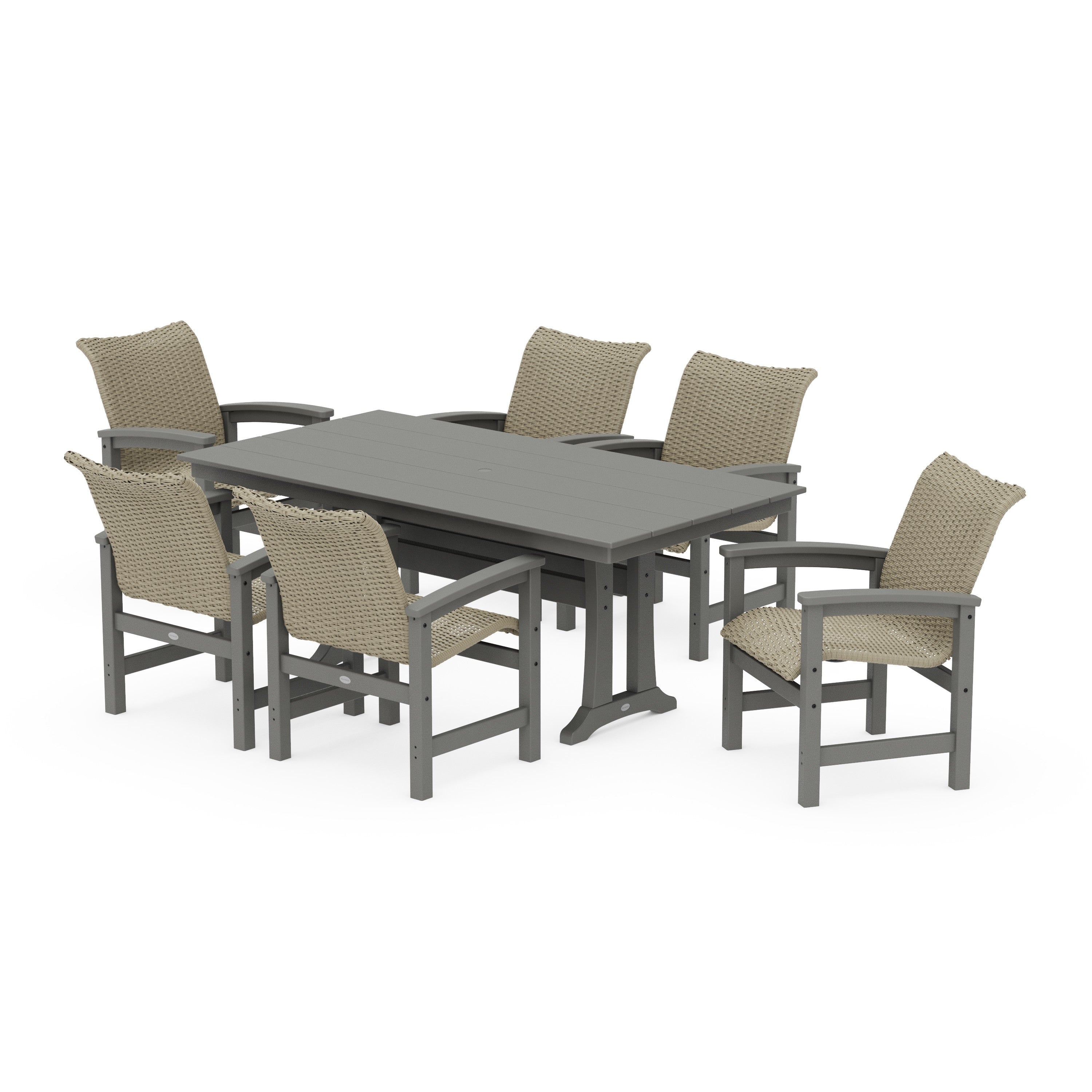 Coastal Woven Arm Chair 7-Piece Farmhouse Dining Set with Trestle Legs