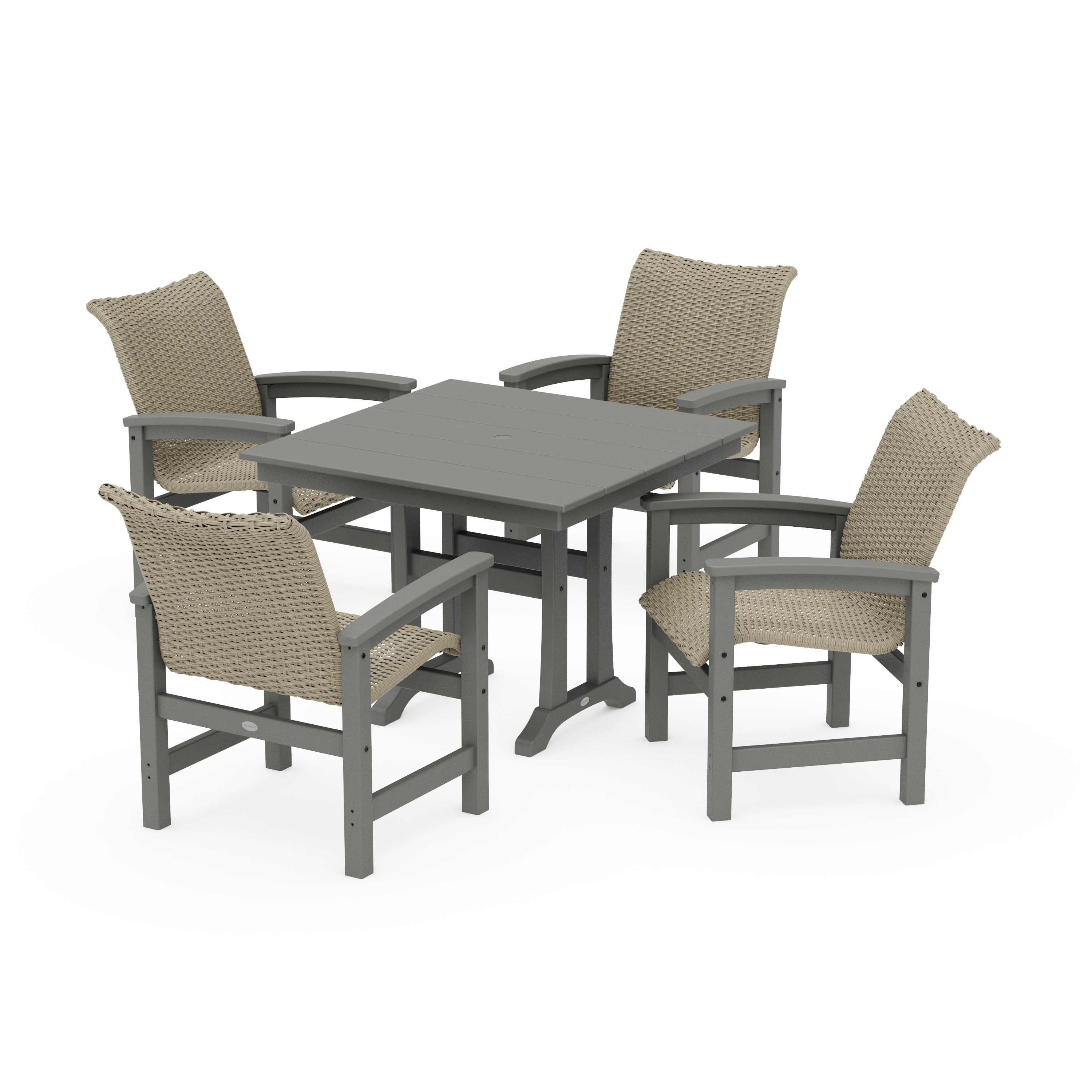 Coastal Woven 5-Piece Farmhouse Dining Set with Trestle Legs