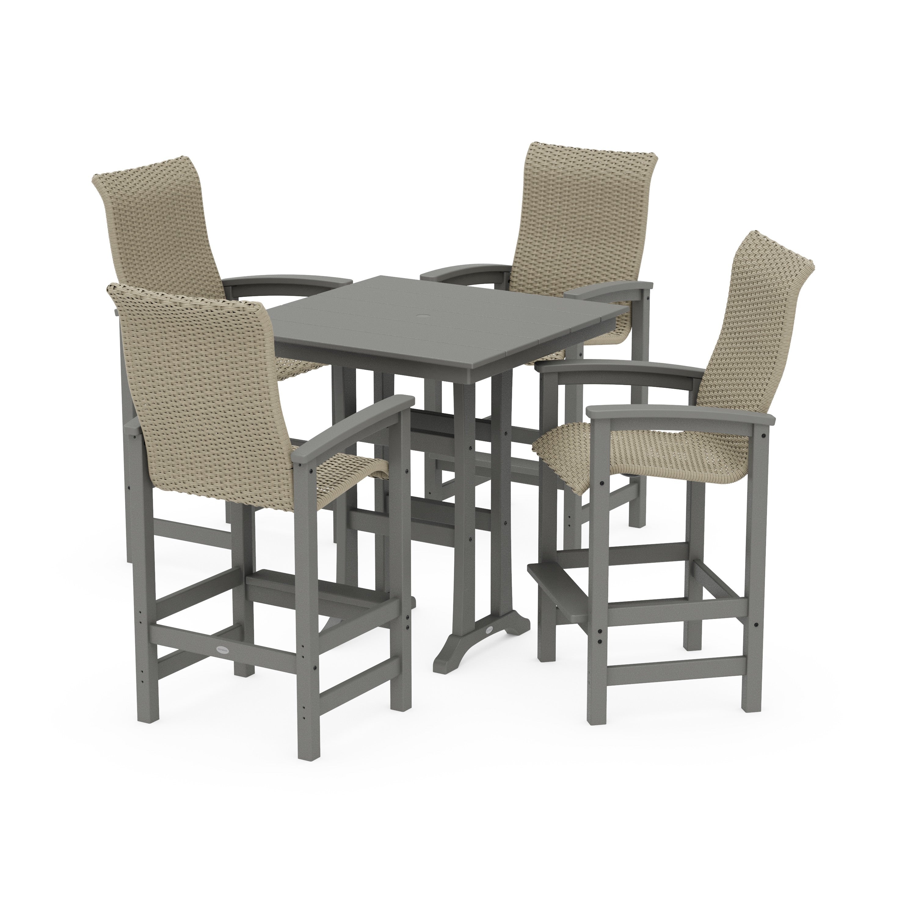 Coastal Woven High-Back 5-Piece Farmhouse Bar Set with Trestle Legs