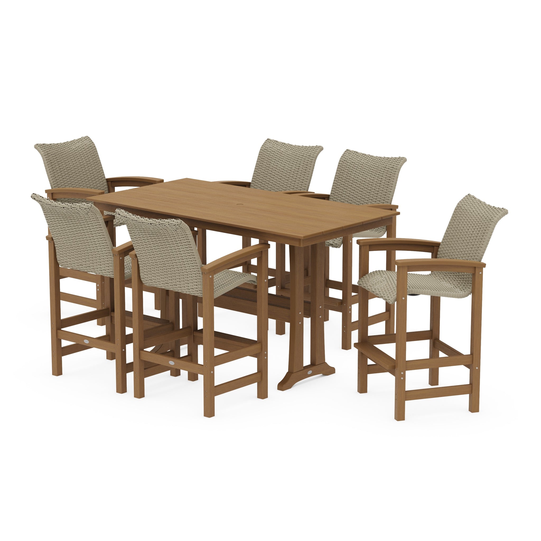 Coastal Woven Arm Chair 7-Piece Farmhouse Bar Set with Trestle Legs