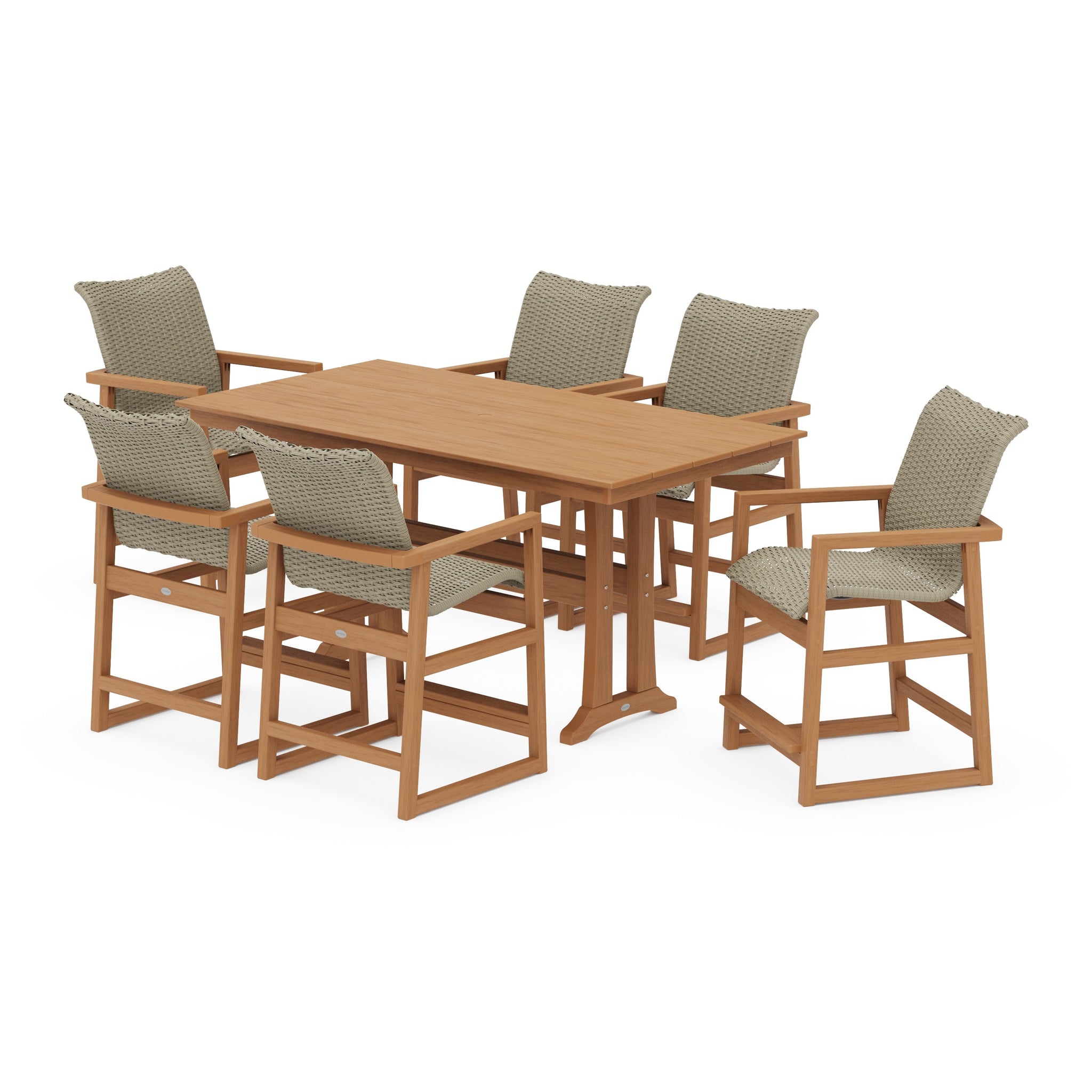 EDGE Woven Arm Chair 7-Piece Farmhouse Counter Set with Trestle Legs
