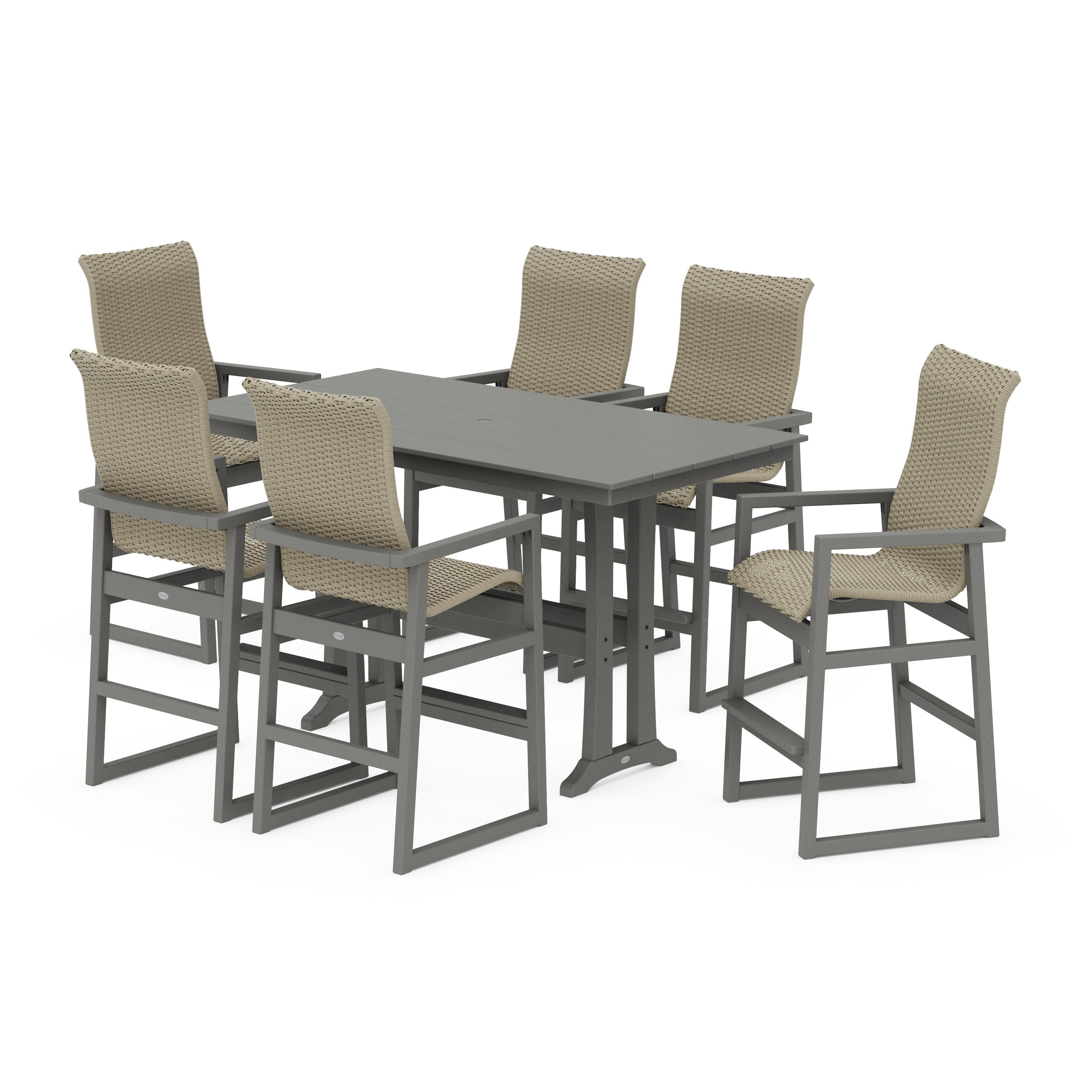 EDGE Woven Highback Arm Chair 7-Piece Farmhouse Bar Set with Trestle Legs