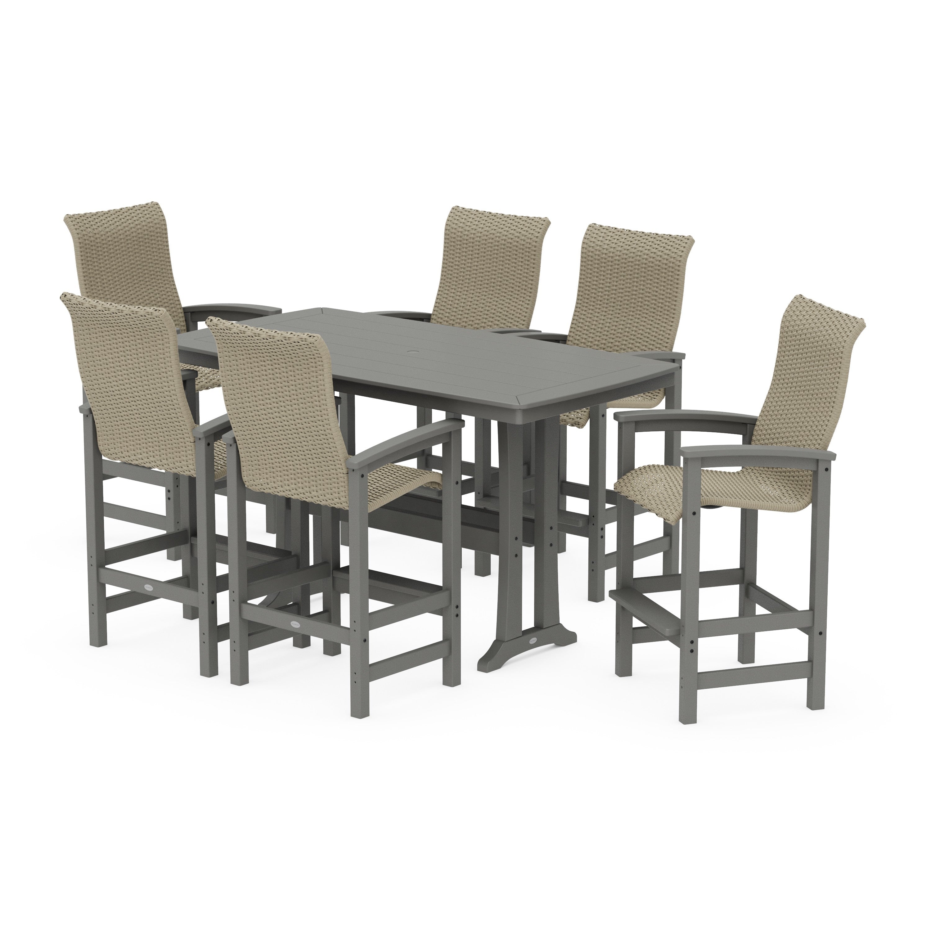 Coastal Woven High-Back Arm Chair 7-Piece Bar Set with Trestle Legs