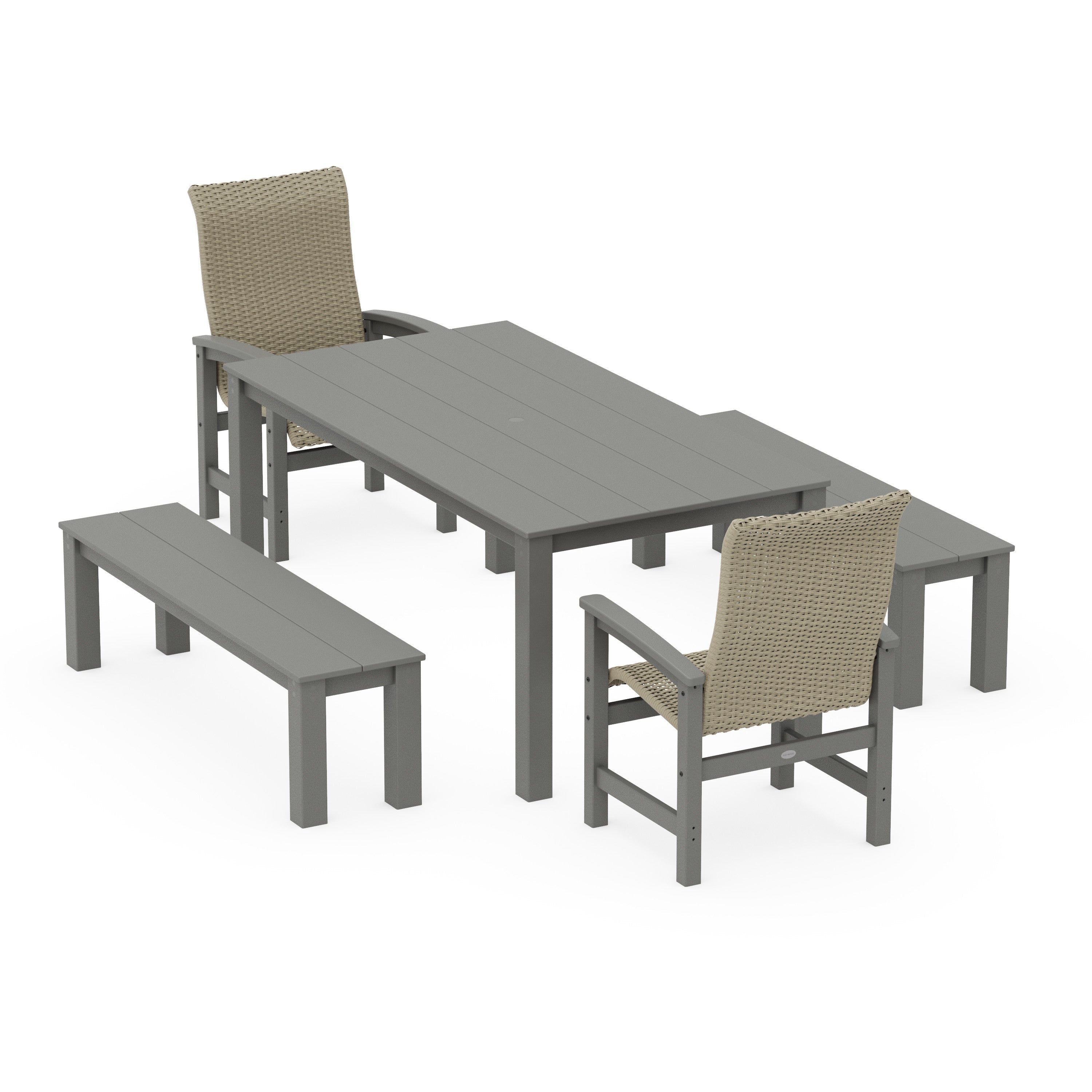 Coastal Woven High-Back 5-Piece Parsons Dining Set with Benches