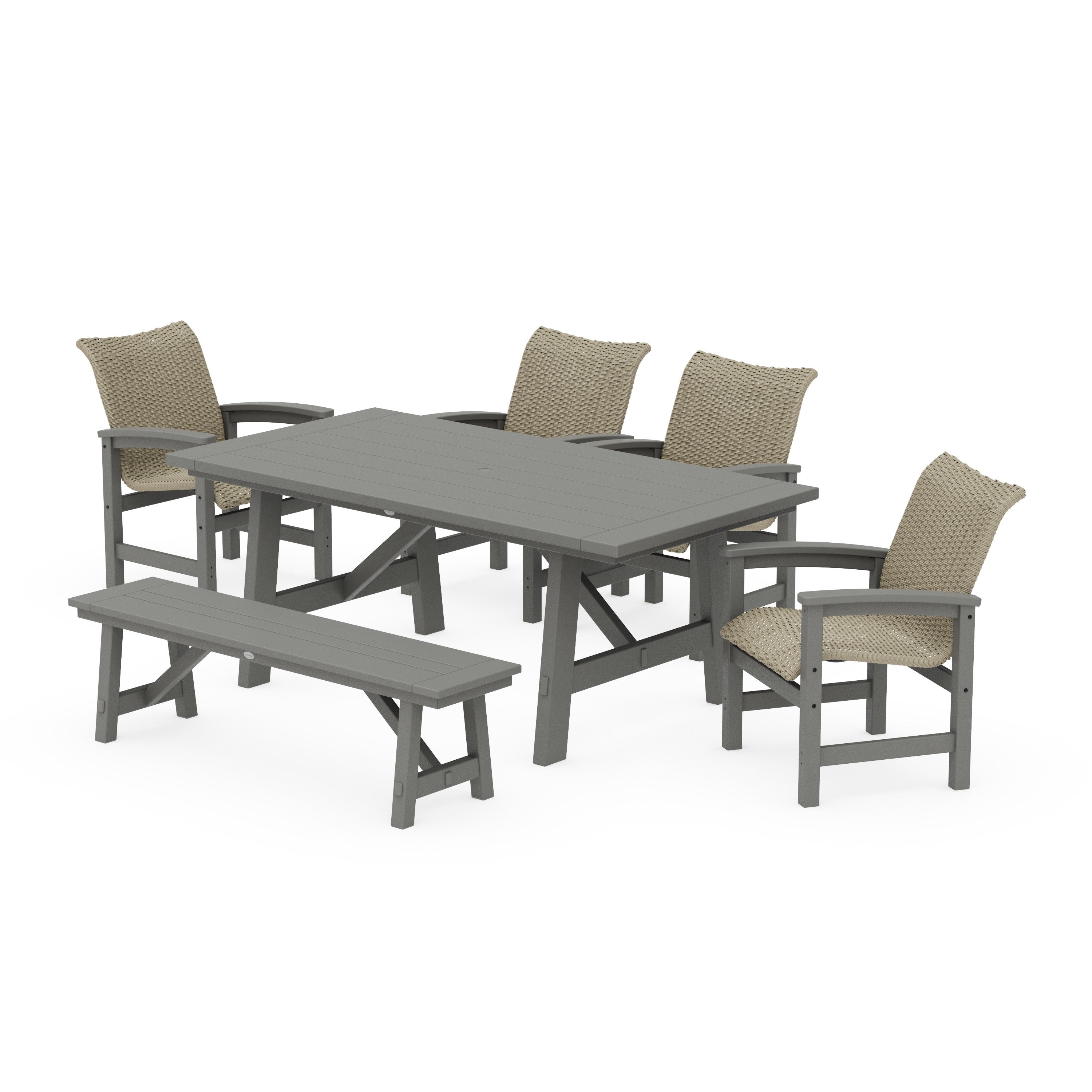 Coastal Woven 6-Piece Rustic Farmhouse Dining Set with Bench