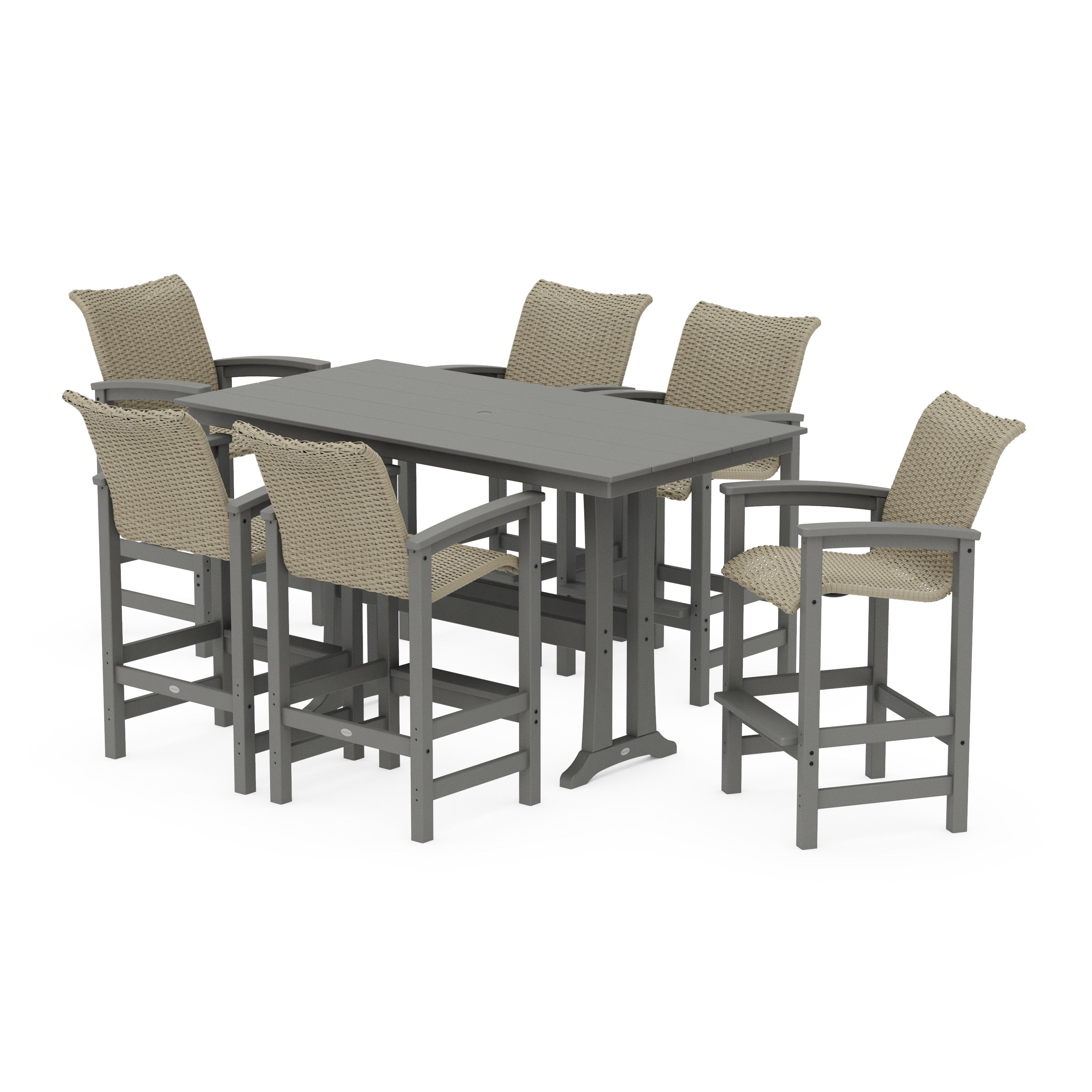 Coastal Woven Arm Chair 7-Piece Farmhouse Bar Set with Trestle Legs