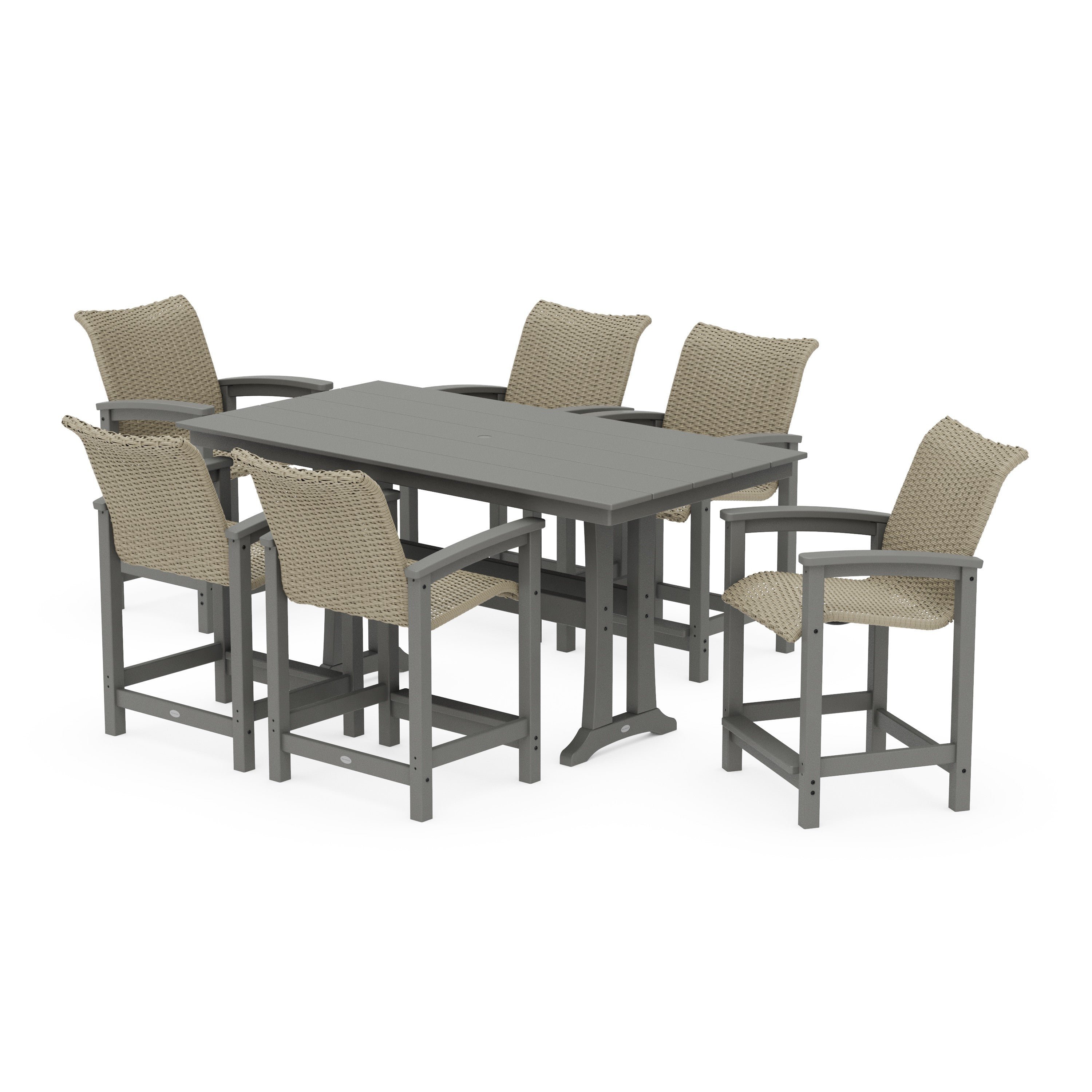 Coastal Woven Arm Chair 7-Piece Farmhouse Counter Set with Trestle Legs