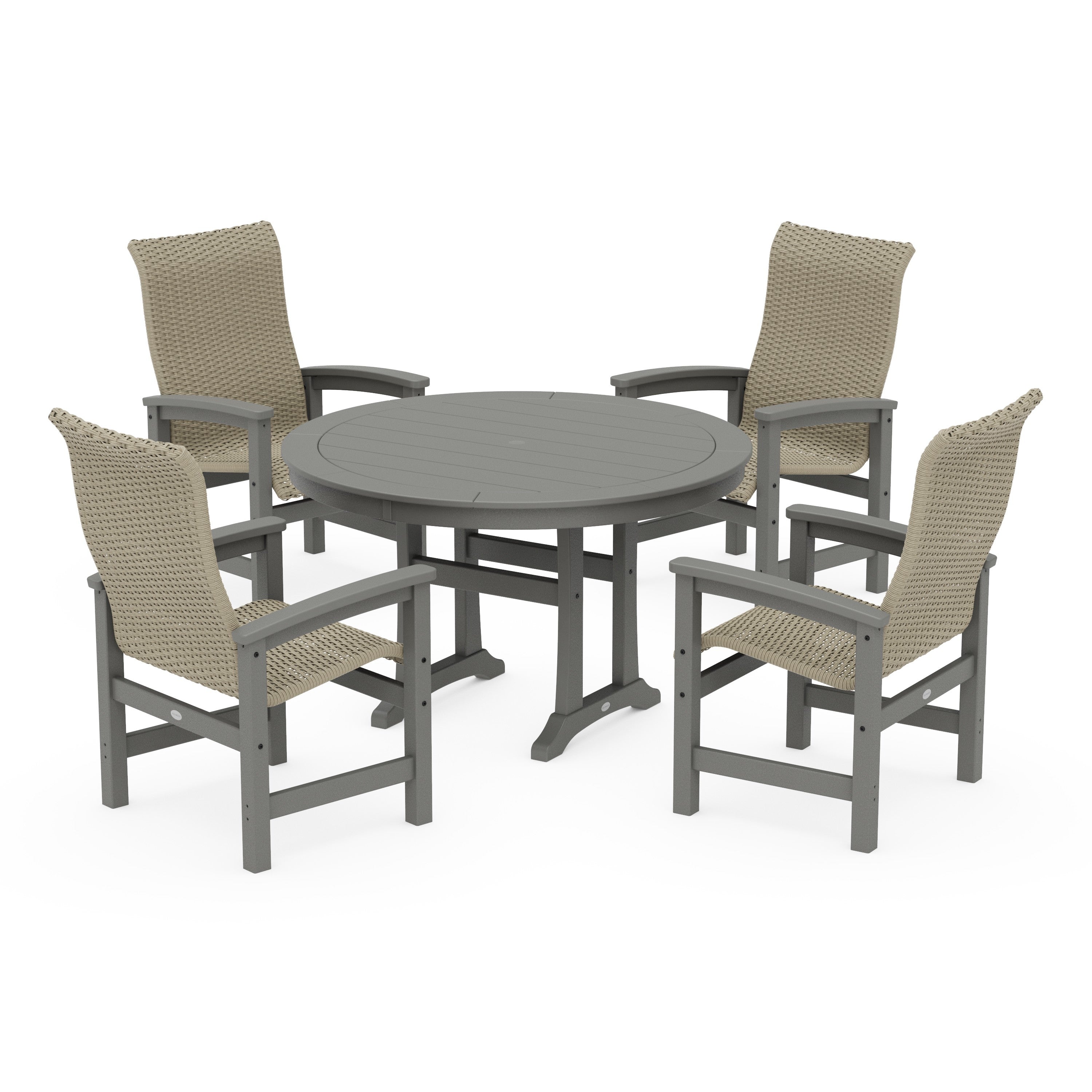 Coastal Woven High-Back 5-Piece Round Dining Set with Trestle Legs