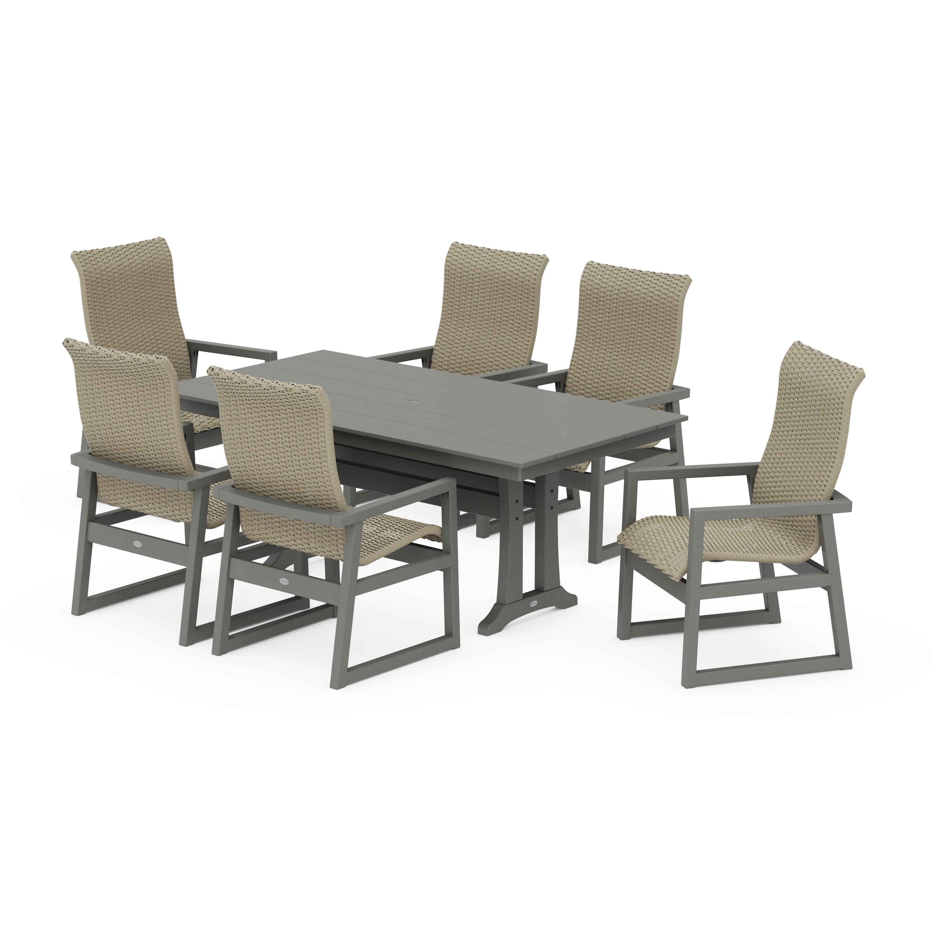 EDGE Woven Highback Arm Chair 7-Piece Farmhouse Dining Set with Trestle Legs