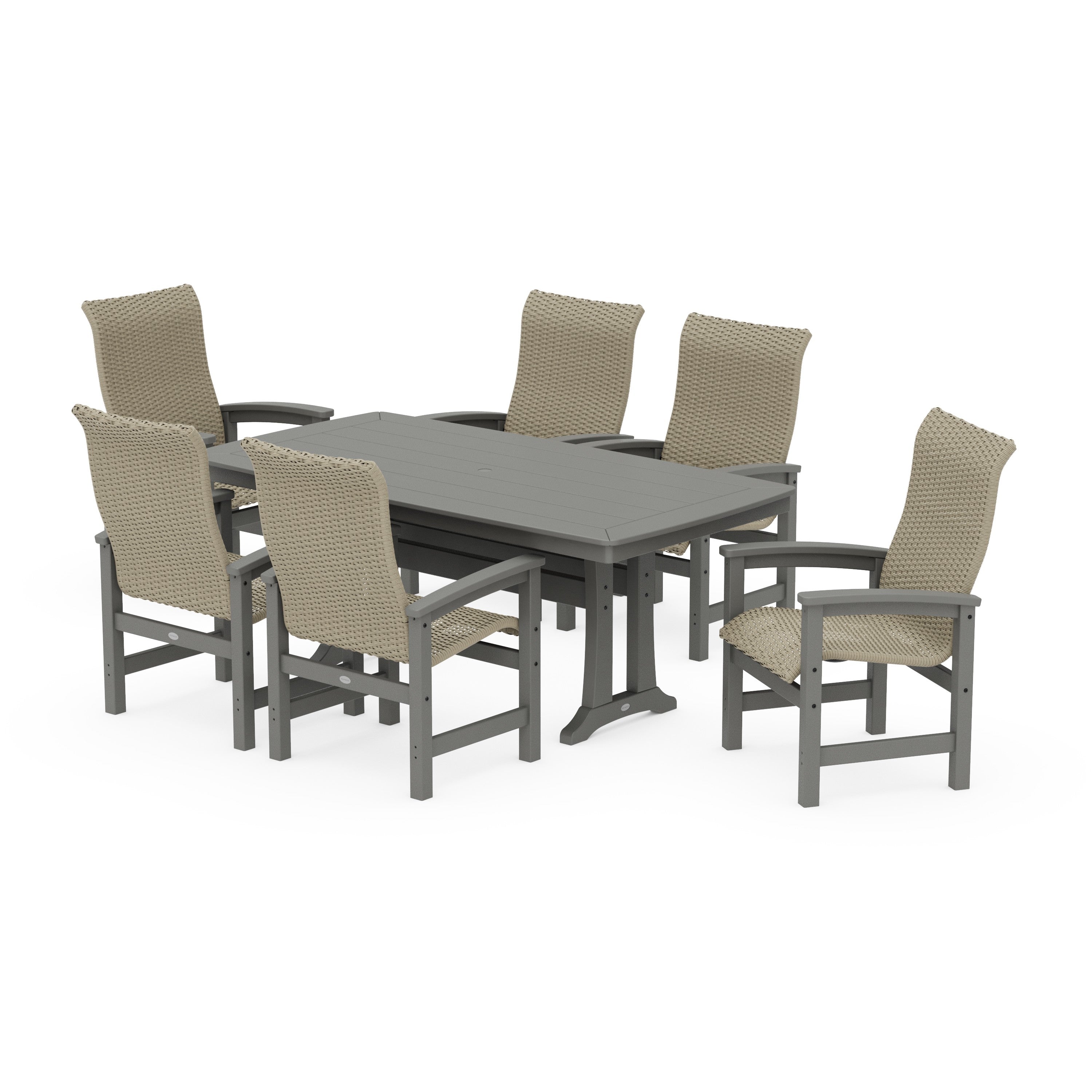 Coastal Woven High-Back Arm Chair 7-Piece Dining Set with Trestle Legs