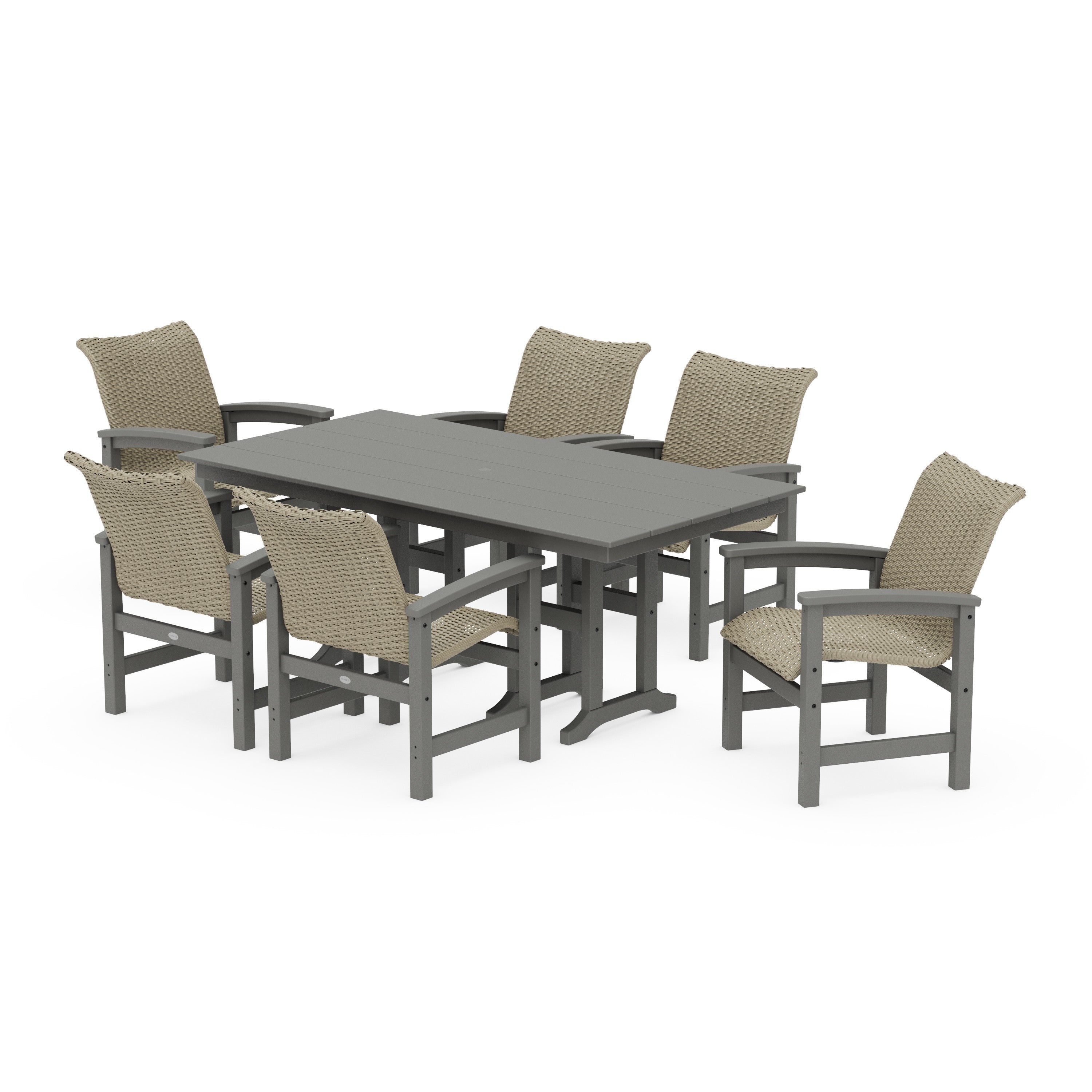 Coastal Woven Arm Chair 7-Piece Farmhouse Dining Set