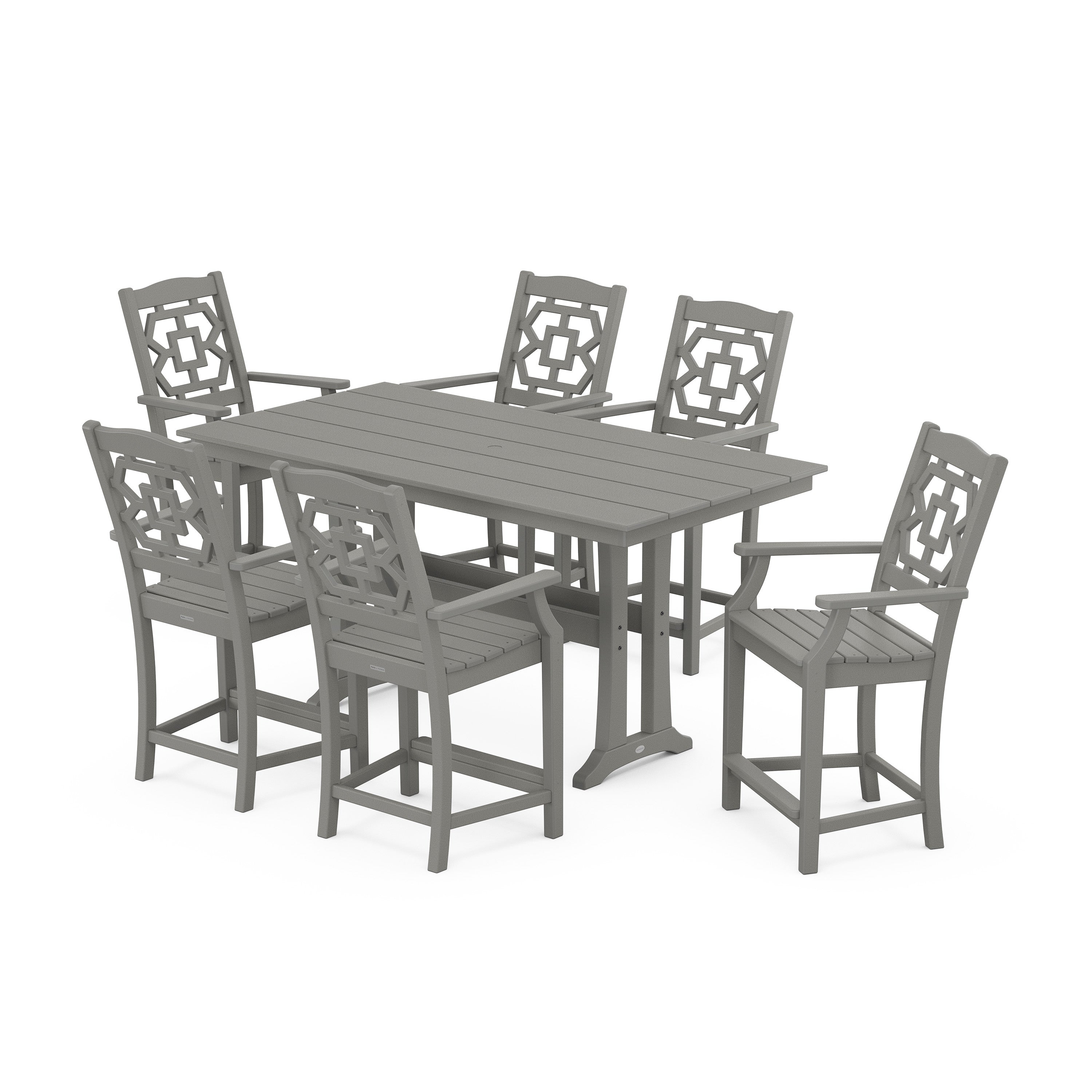 Chinoiserie Arm Chair 7-Piece Farmhouse Counter Set with Trestle Legs
