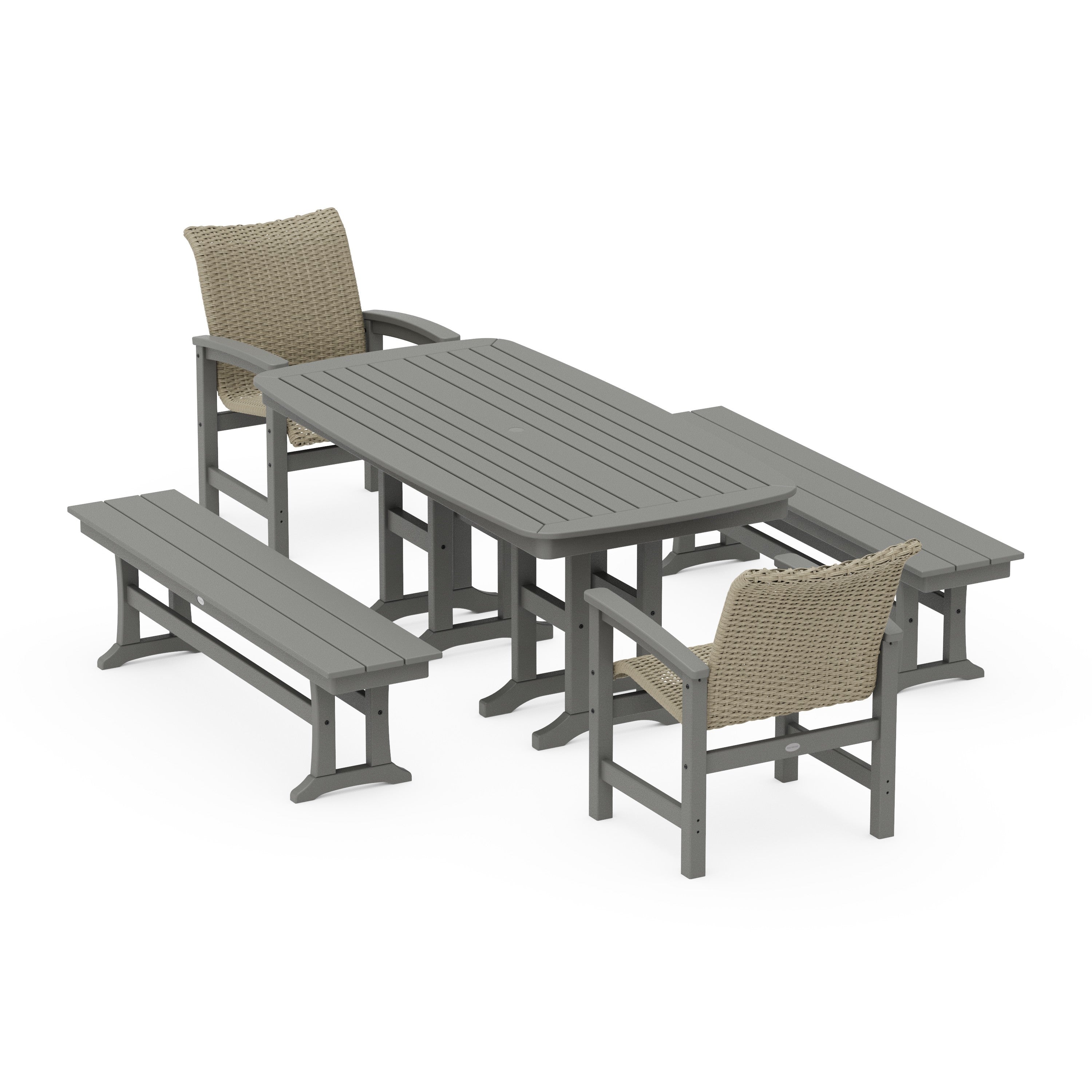 Coastal Woven 5-Piece Dining Set with Benches