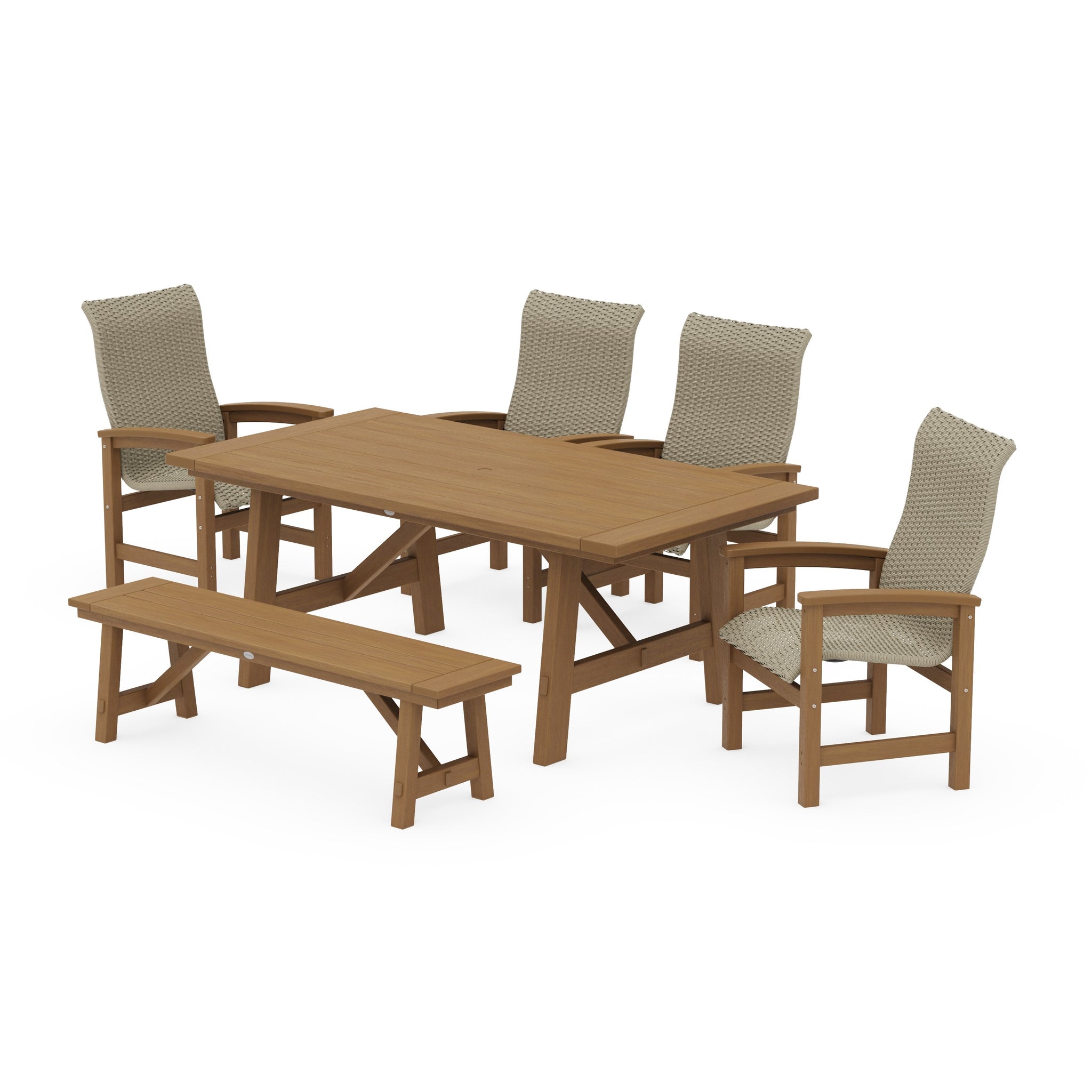 Coastal Woven High-Back 6-Piece Rustic Farmhouse Dining Set with Bench