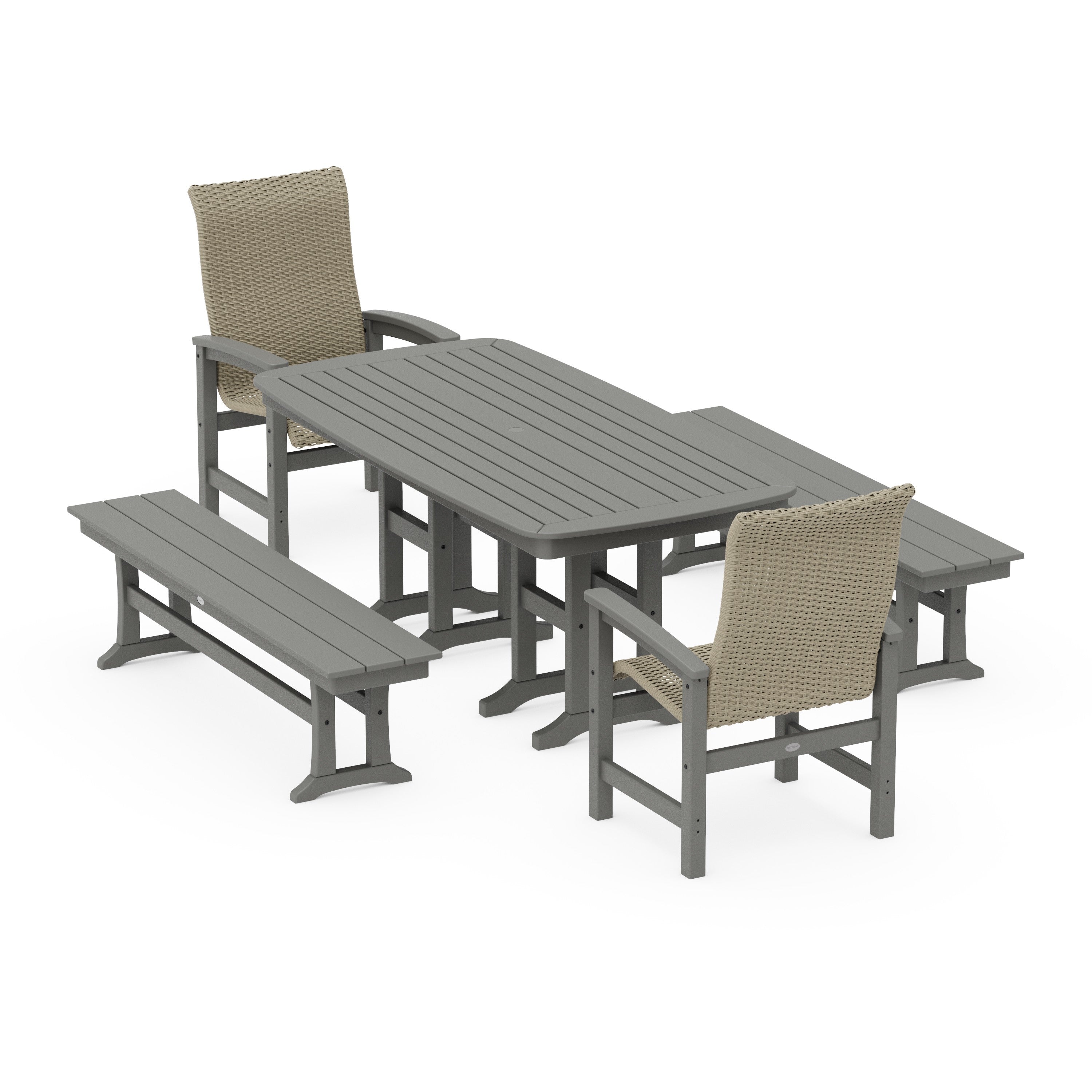 Coastal Woven High-Back 5-Piece Dining Set with Benches