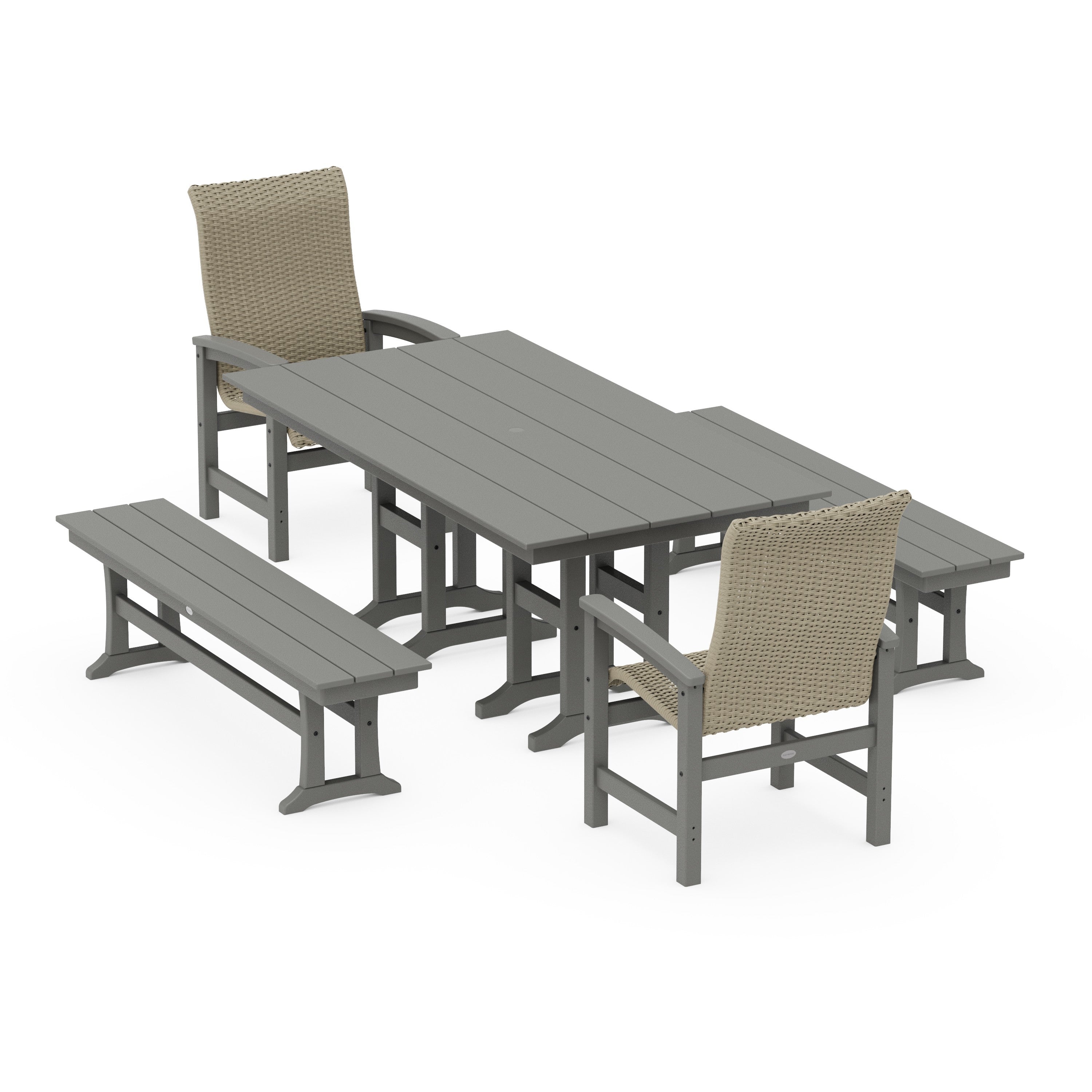 Coastal Woven High-Back 5-Piece Farmhouse Dining Set with Benches