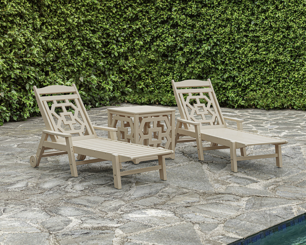 Chinoiserie 3-Piece Chaise Set with Umbrella Stand Accent Table