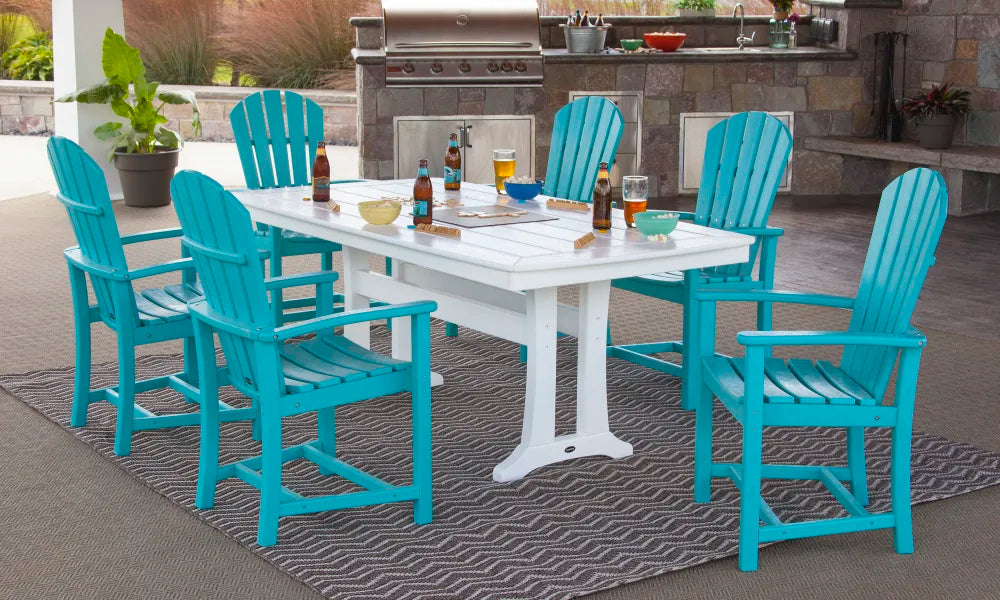 6-piece Palm Coast POLYWOOD dining chair set with a white pedestal table.