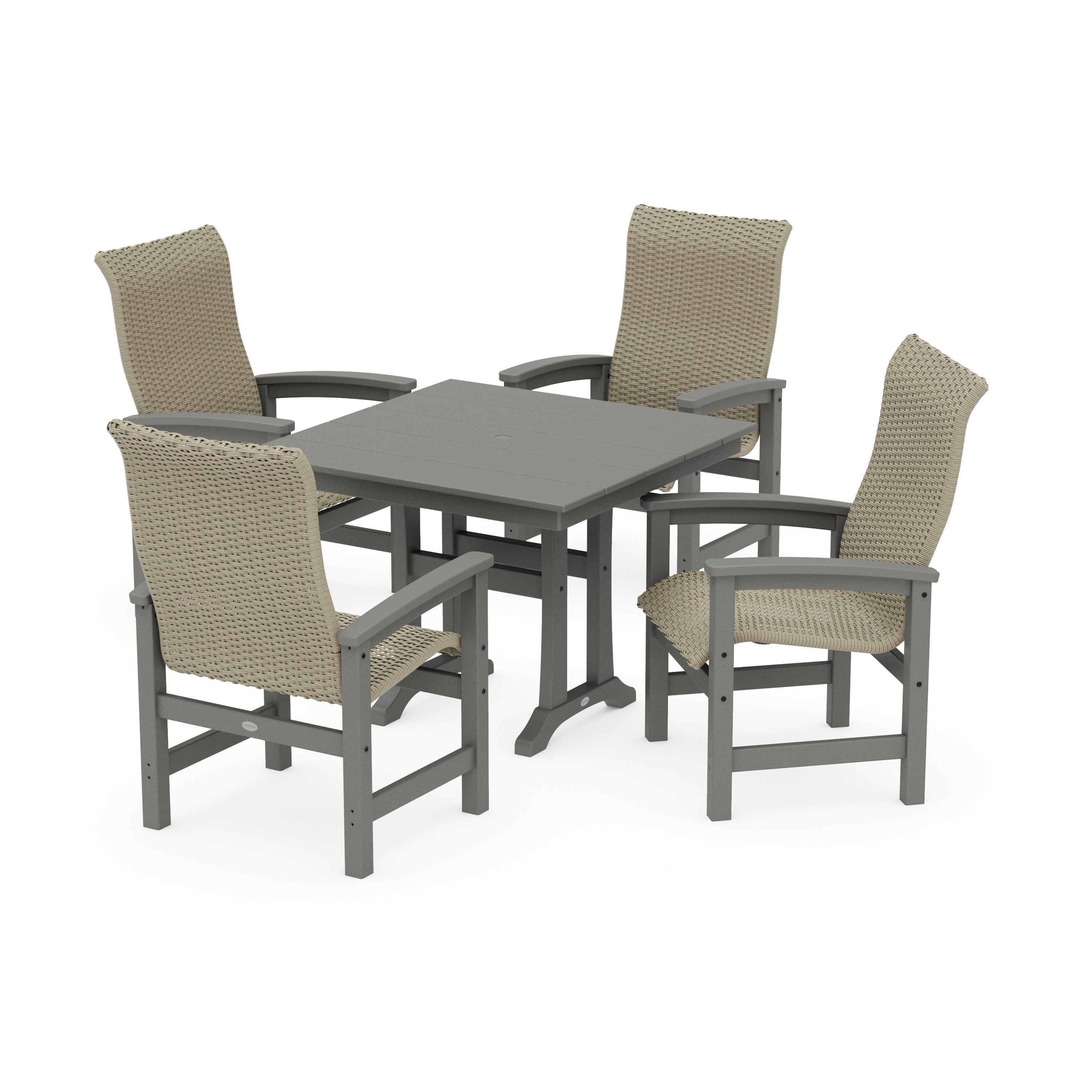 Coastal Woven High-Back 5-Piece Farmhouse Dining Set with Trestle Legs