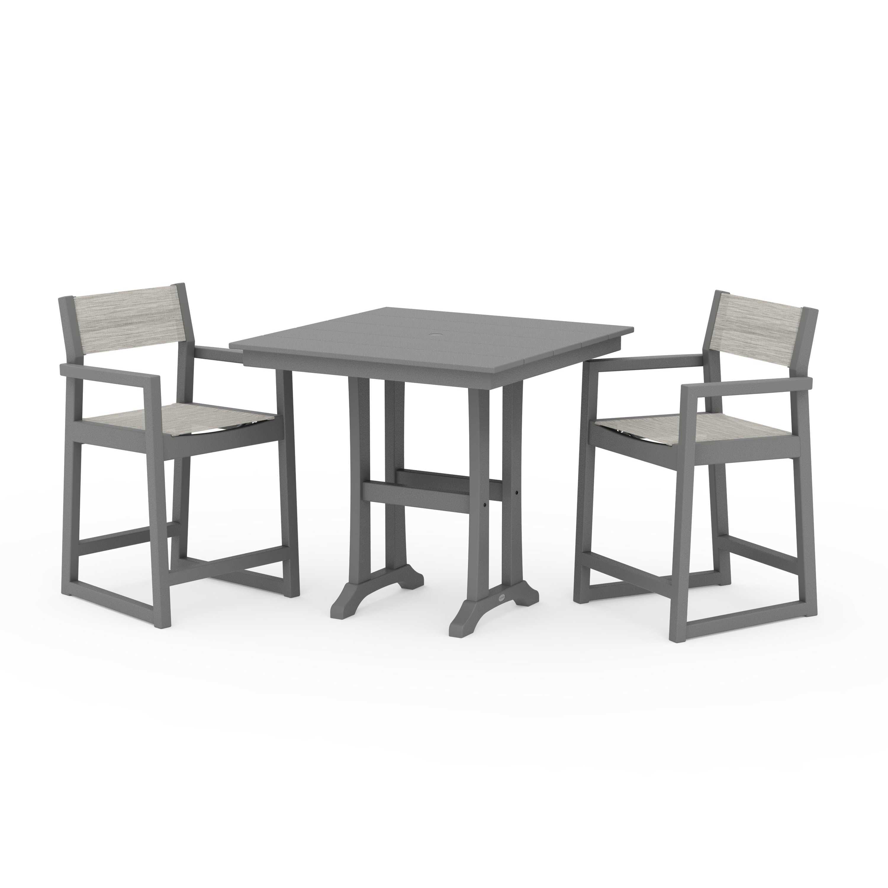 EDGE Sling Arm Chair 3-Piece Farmhouse Counter Set with Trestle Legs