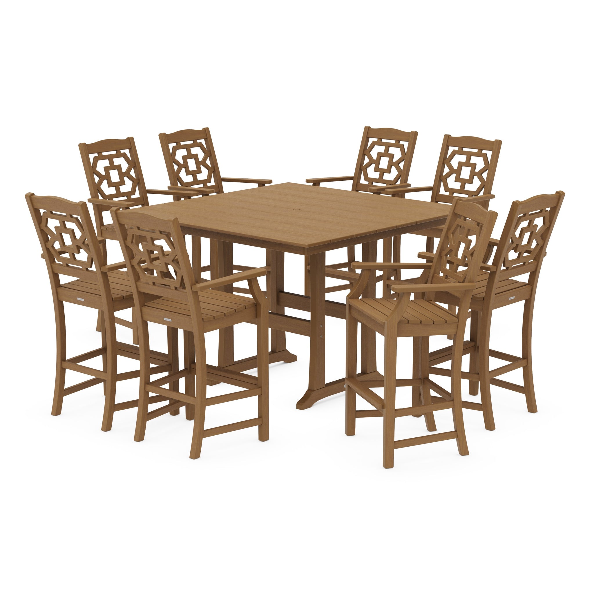 Chinoiserie 9-Piece Square Farmhouse Side Chair Bar Set with Trestle Legs