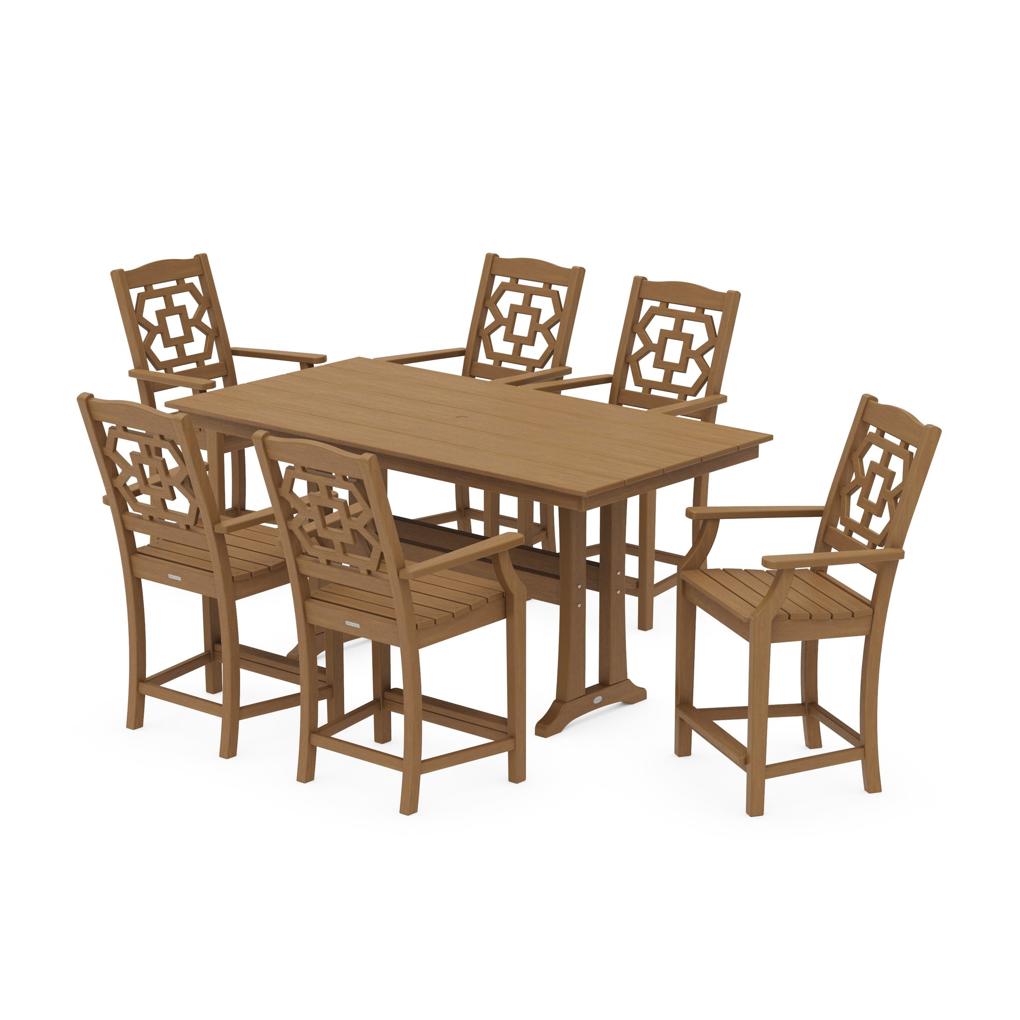 Chinoiserie Arm Chair 7-Piece Farmhouse Counter Set with Trestle Legs