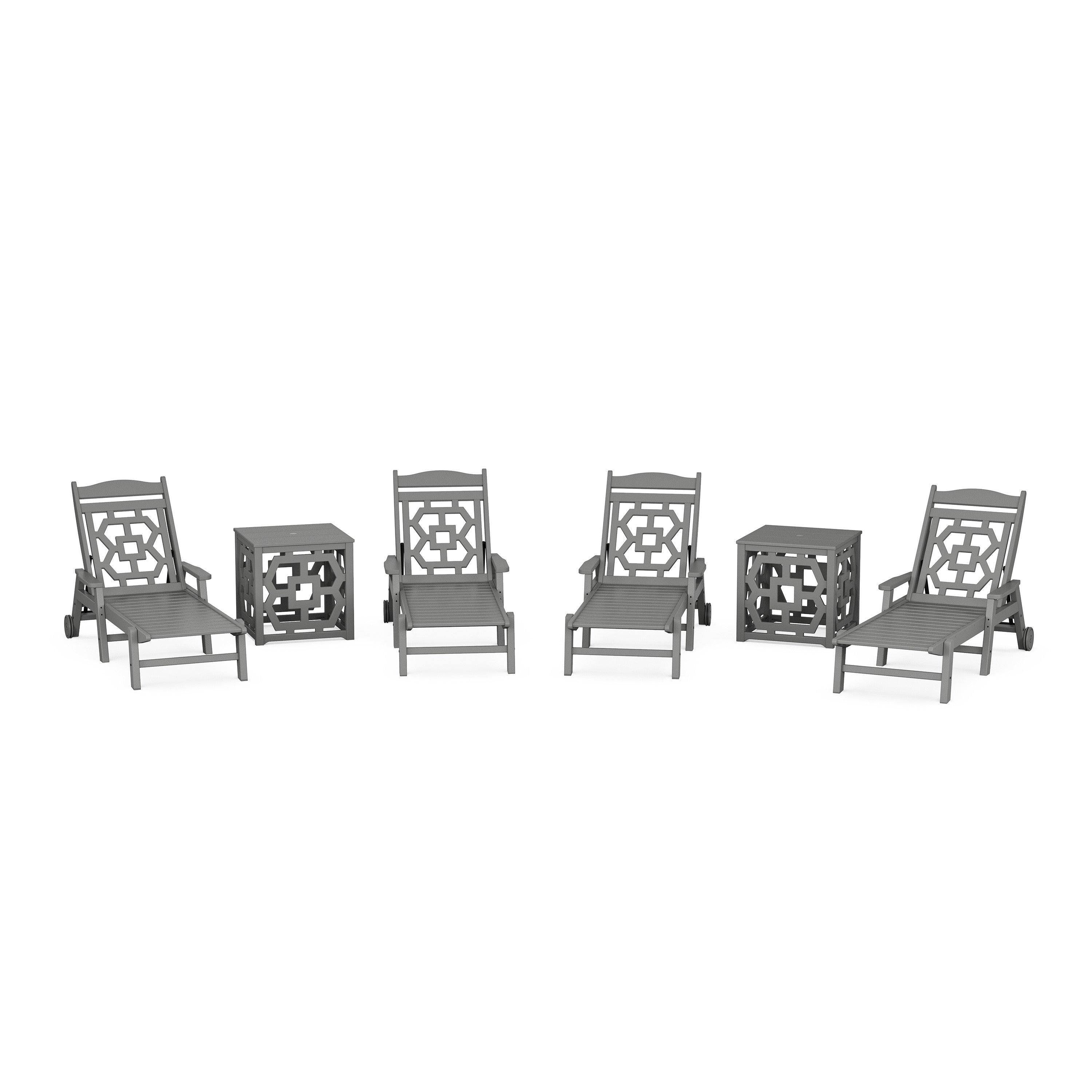 Chinoiserie 6-Piece Chaise Set with Umbrella Stand Accent Table