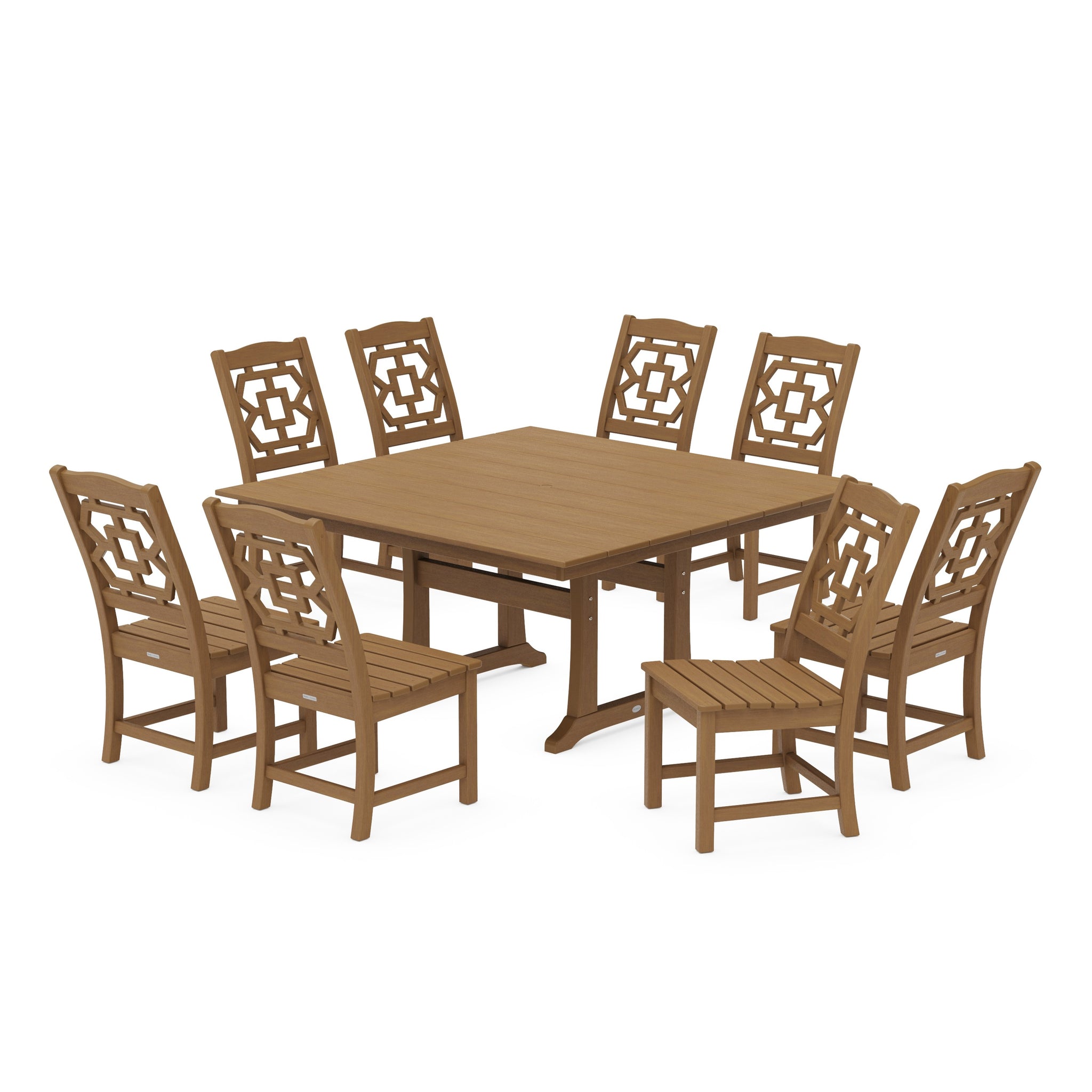 Chinoiserie 9-Piece Square Farmhouse Side Chair Dining Set with Trestle Legs