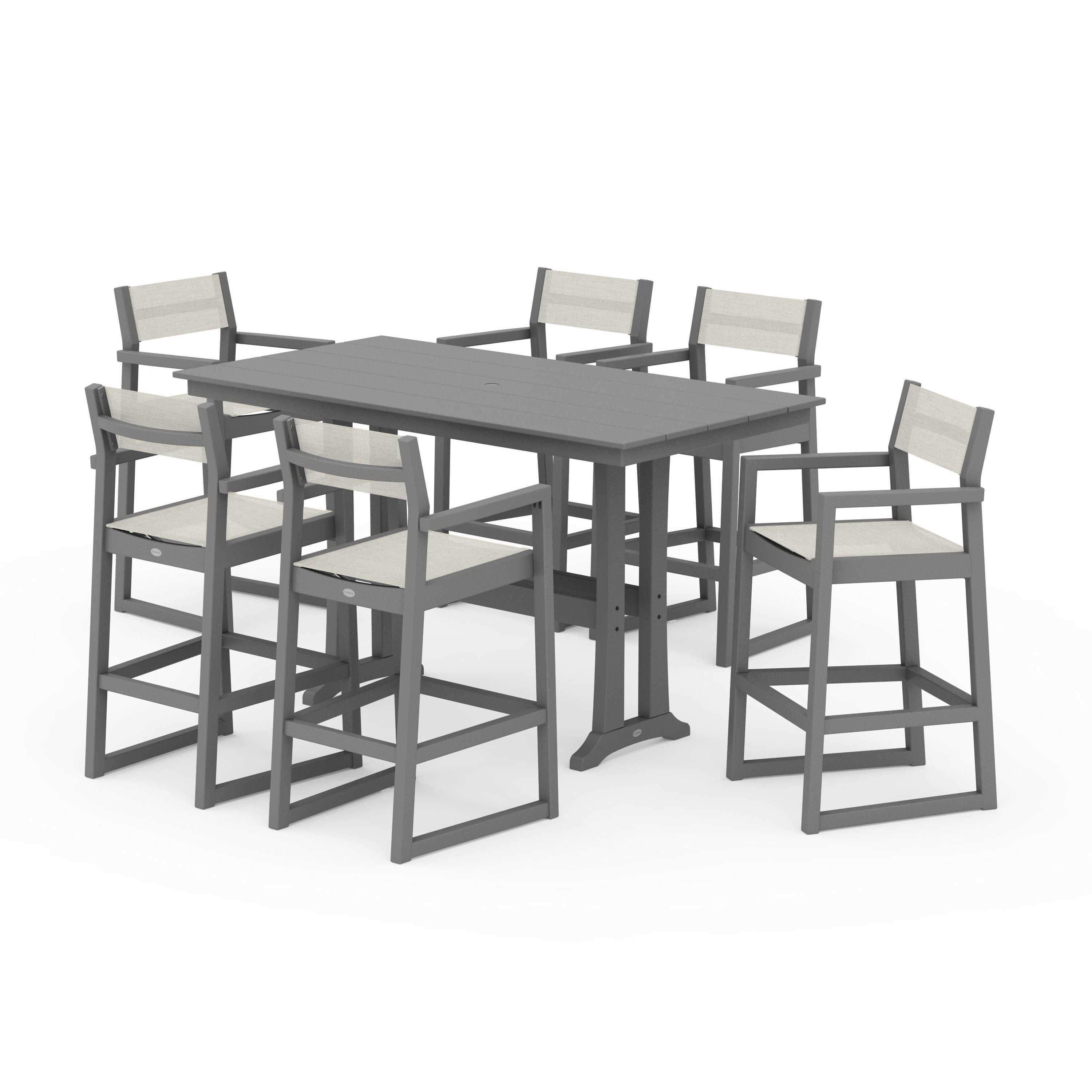 EDGE Sling Arm Chair 7-Piece Farmhouse Bar Set with Trestle Legs