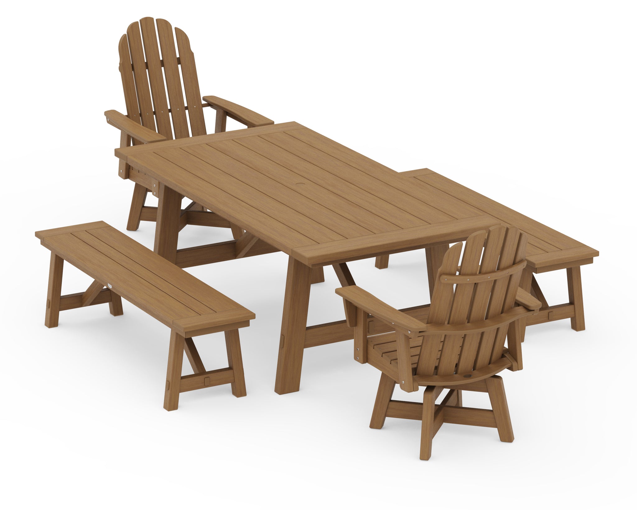 VineyardCurveback Adirondack Swivel Chair 5-Piece Rustic Farmhouse Dining Set With Benches