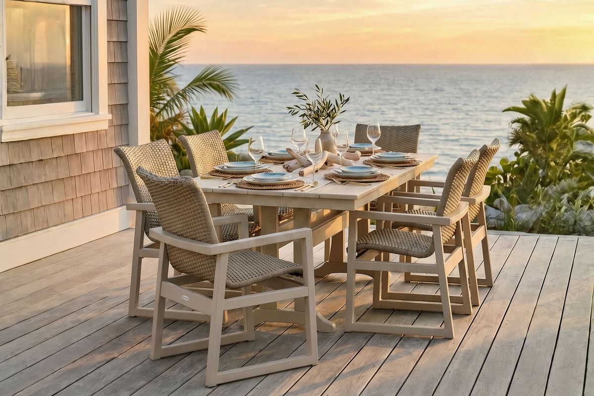 A tan POLYWOOD EDGE Woven Arm Chair 7-Piece Farmhouse Dining Set with Trestle Legs sits on a wooden deck by the ocean.