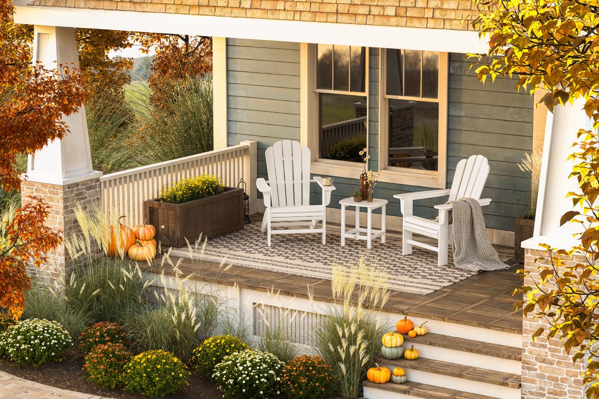 A white Cottage Curveback Adirondack Chair 3 Piece Set sits on a blue home's covered porch on a rug with fall decor.