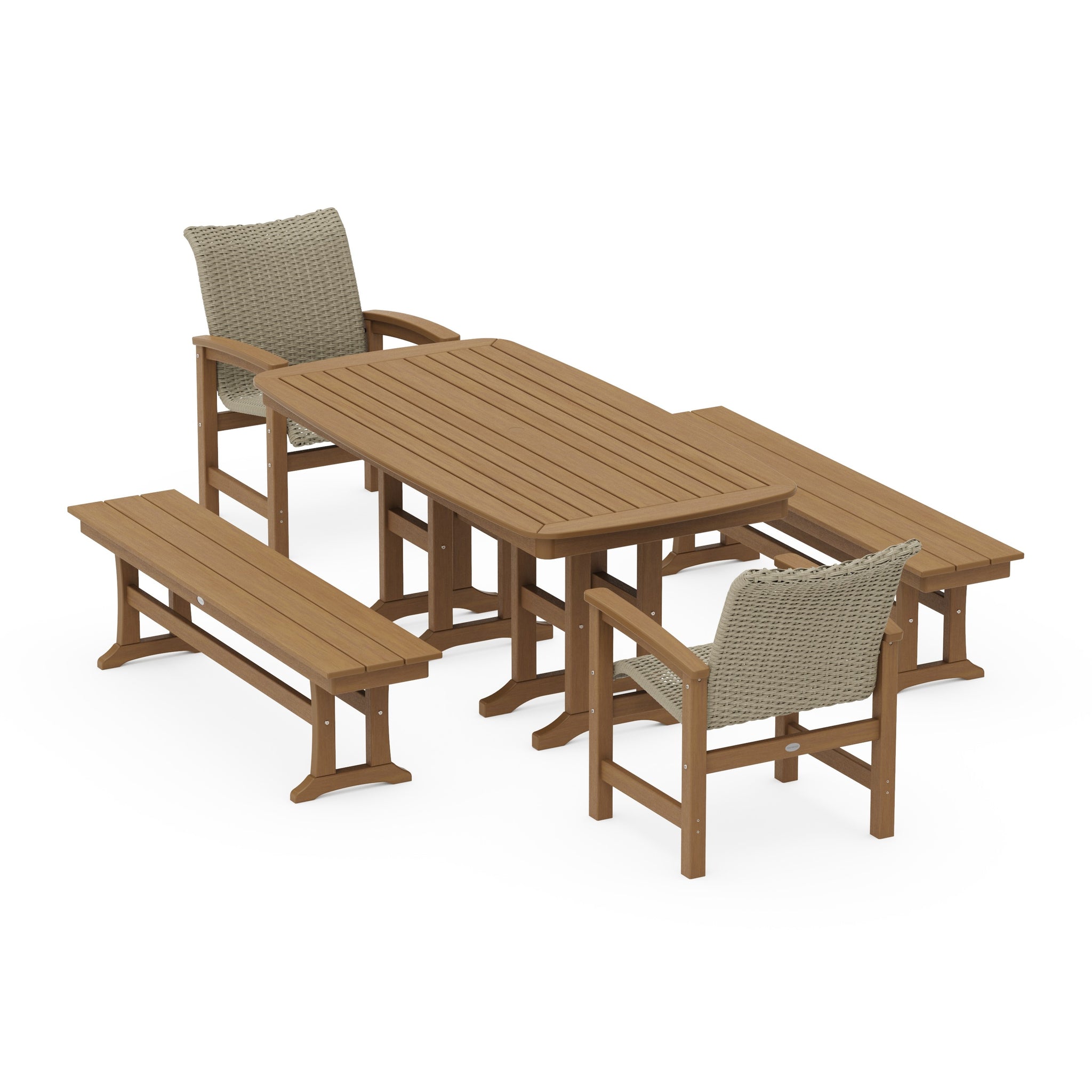 Coastal Woven 5-Piece Dining Set with Benches