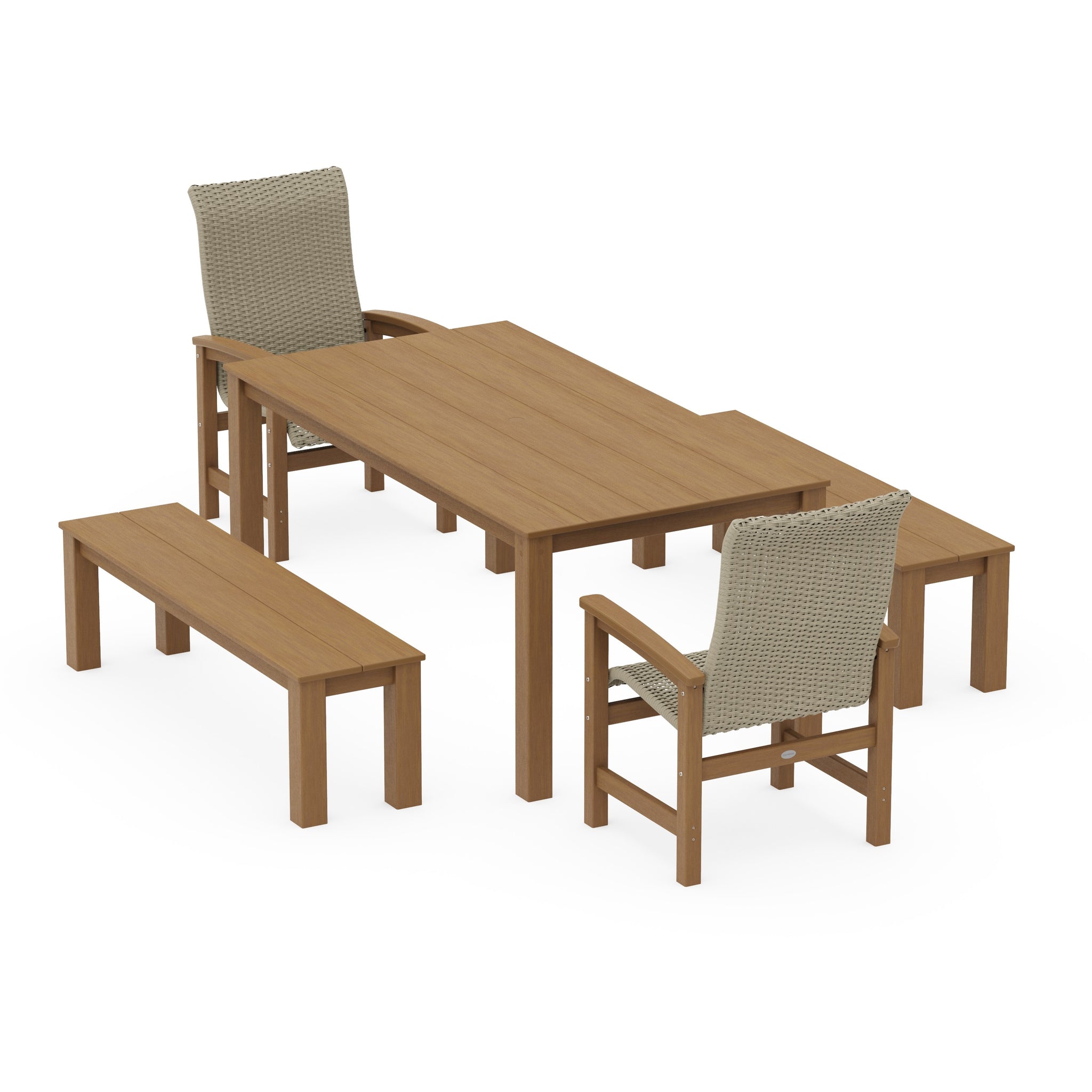 Coastal Woven High-Back 5-Piece Parsons Dining Set with Benches