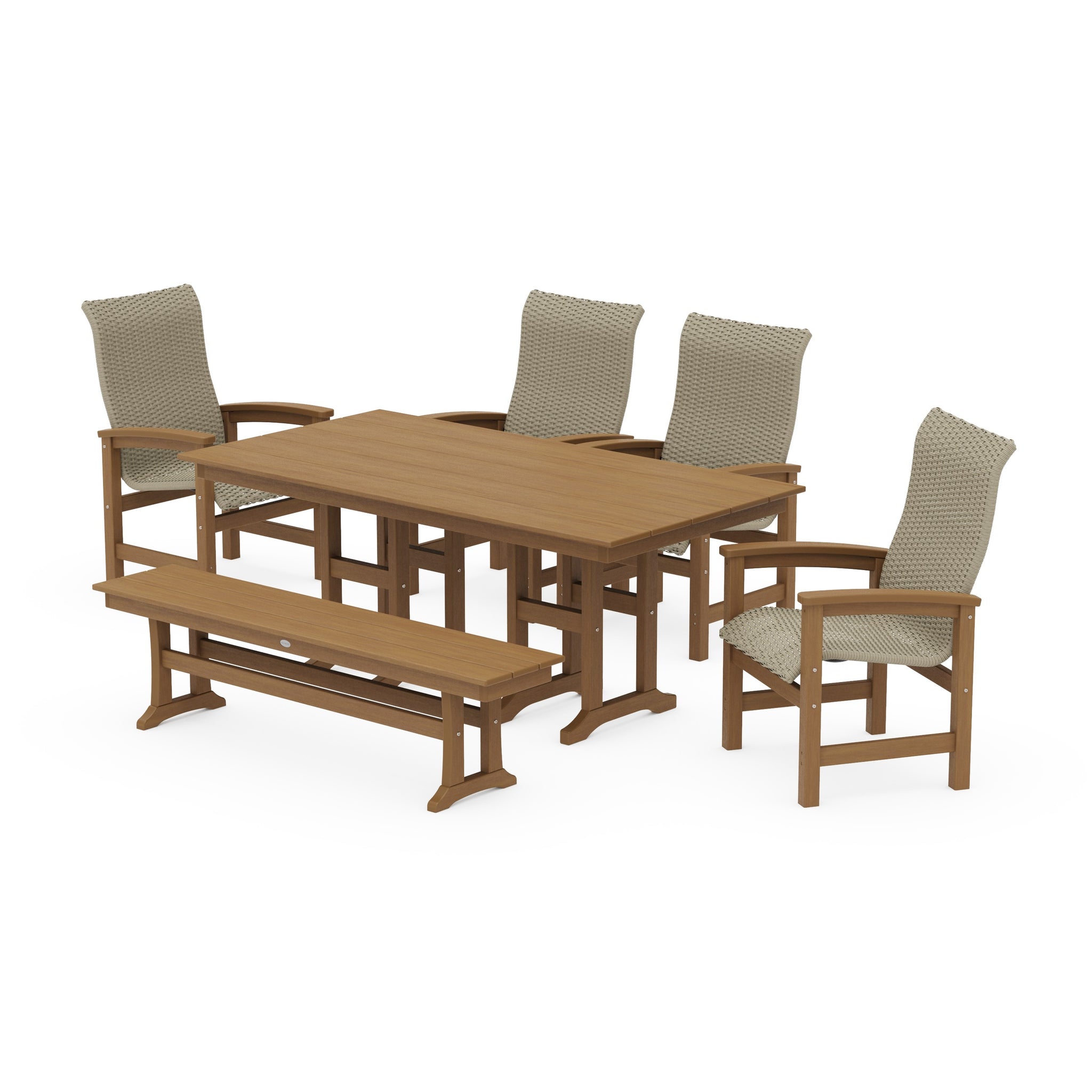 Coastal Woven High-Back 6-Piece Farmhouse Dining Set with Bench