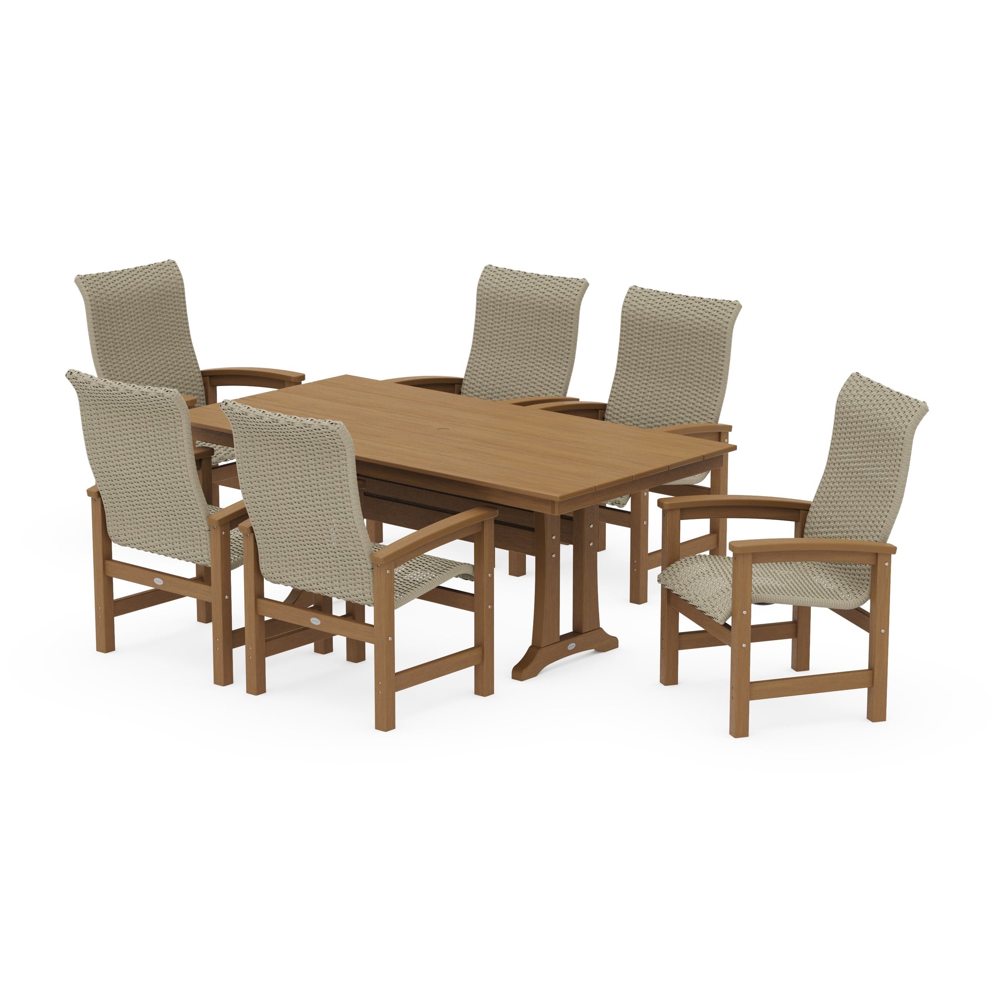 Coastal Woven High-Back Arm Chair 7-Piece Farmhouse Dining Set with Trestle Legs