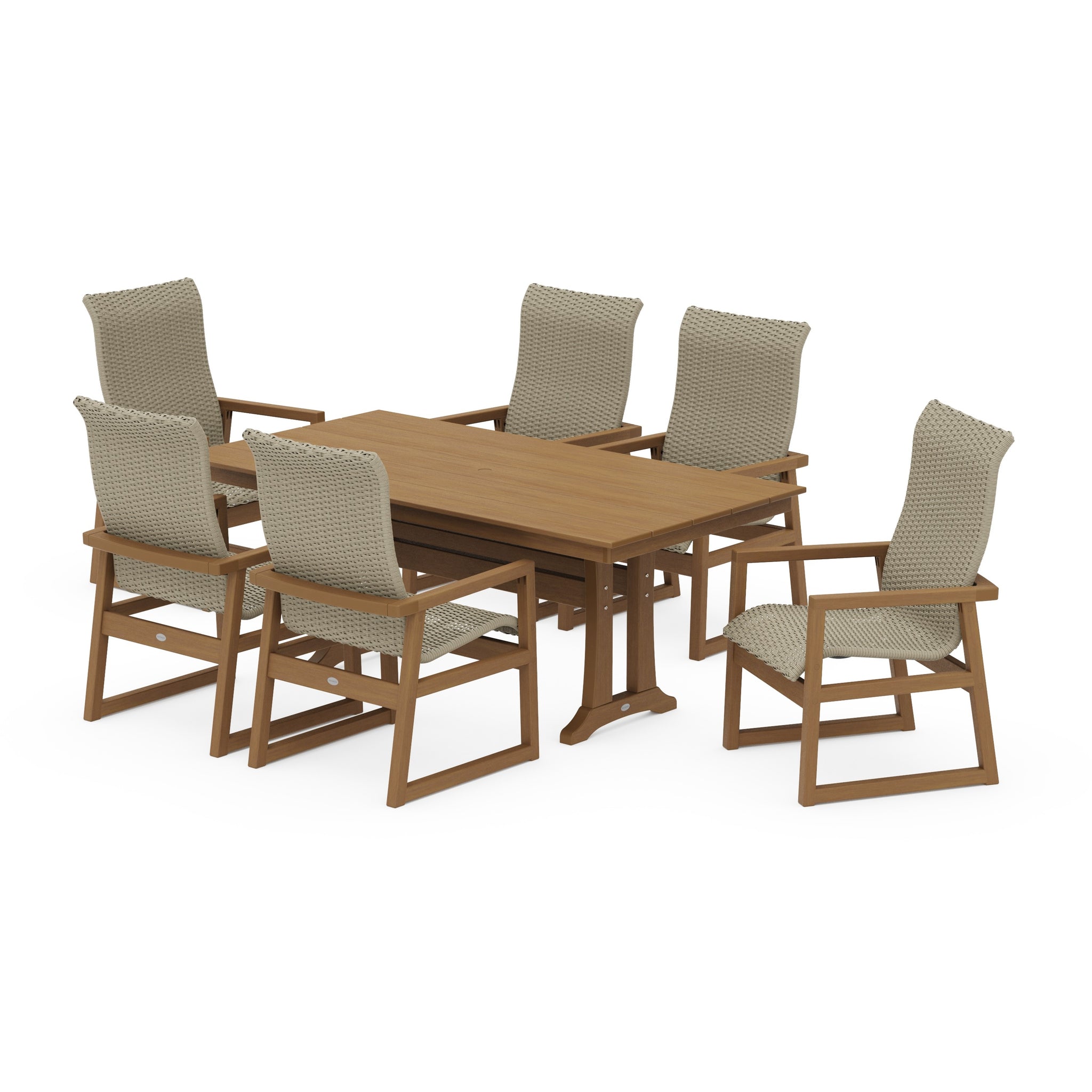 EDGE Woven Highback Arm Chair 7-Piece Farmhouse Dining Set with Trestle Legs