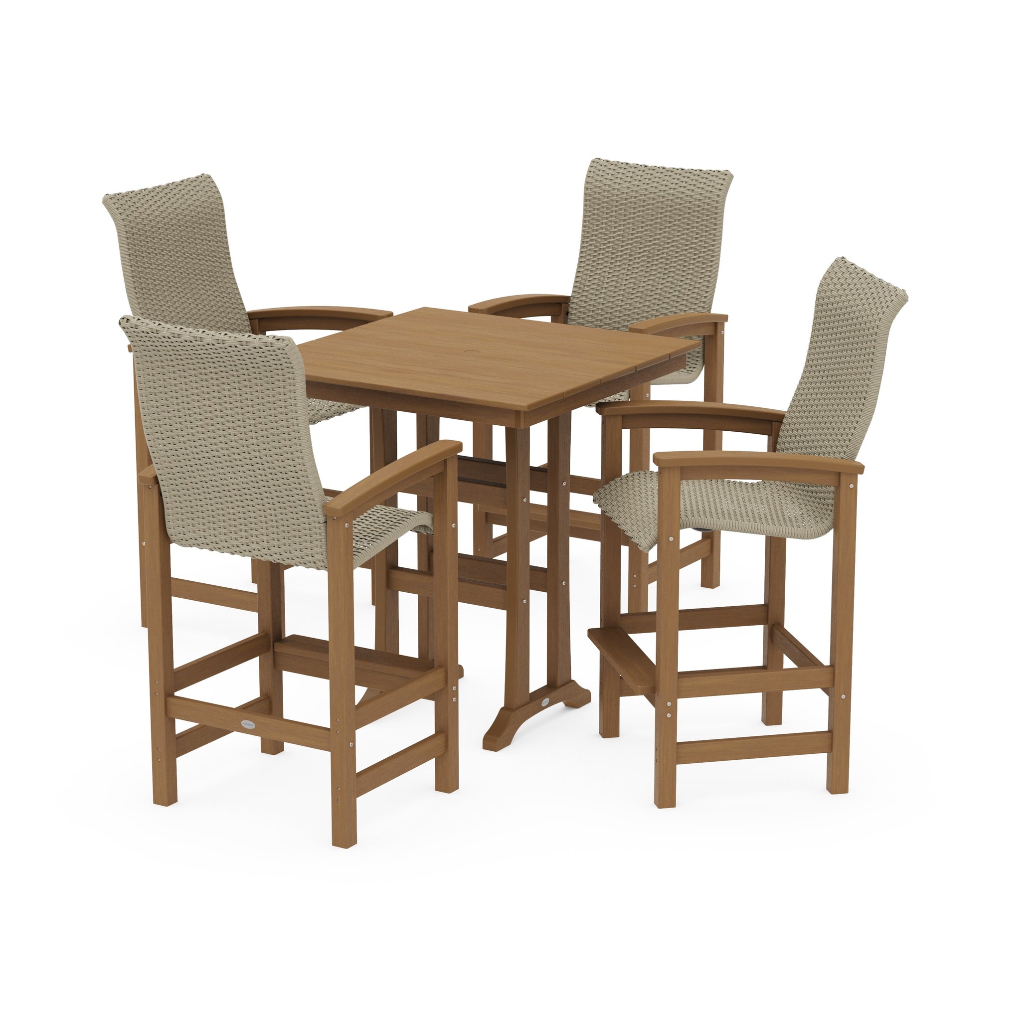 Coastal Woven High-Back 5-Piece Farmhouse Bar Set with Trestle Legs
