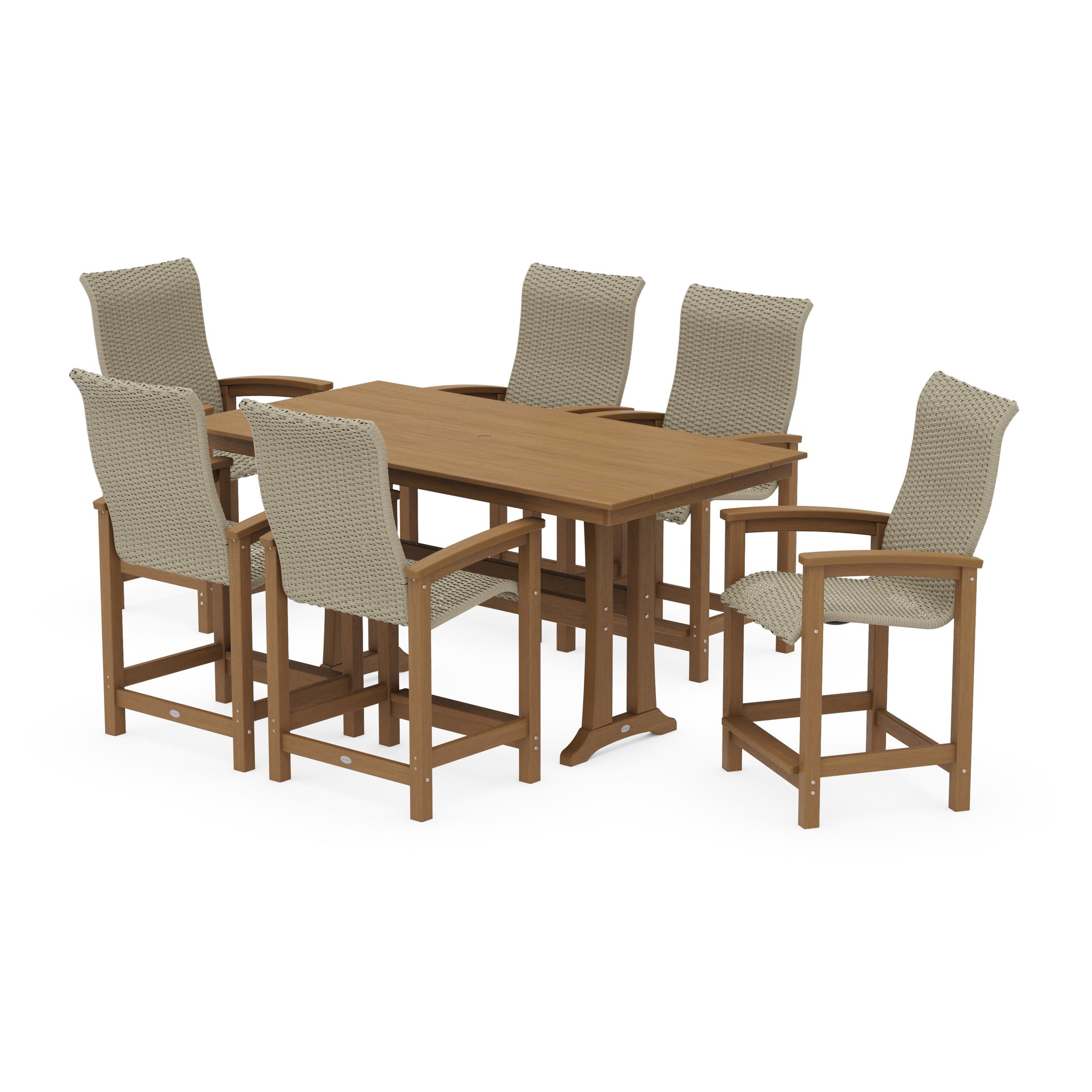 Coastal Woven High-Back Arm Chair 7-Piece Farmhouse Counter Set with Trestle Legs