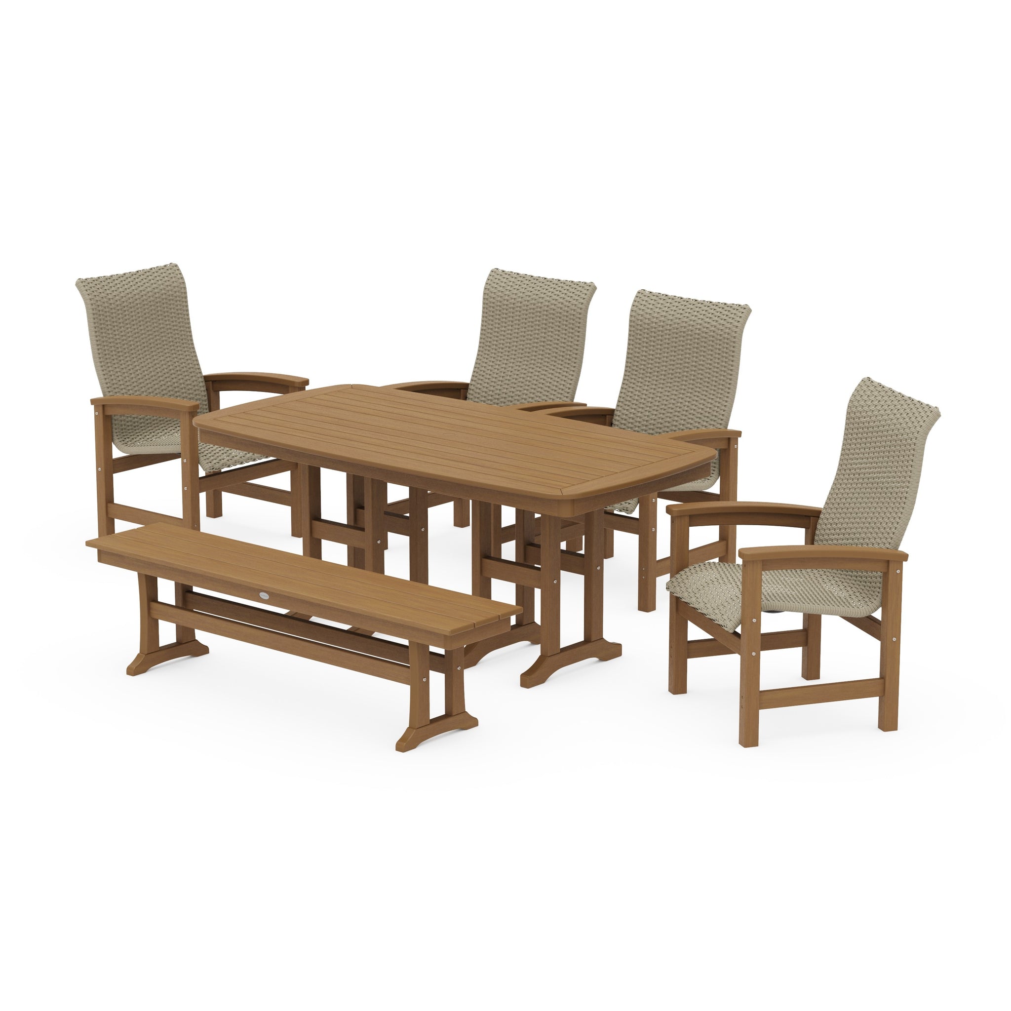 Coastal Woven High-Back 6-Piece Farmhouse Dining Set with Bench