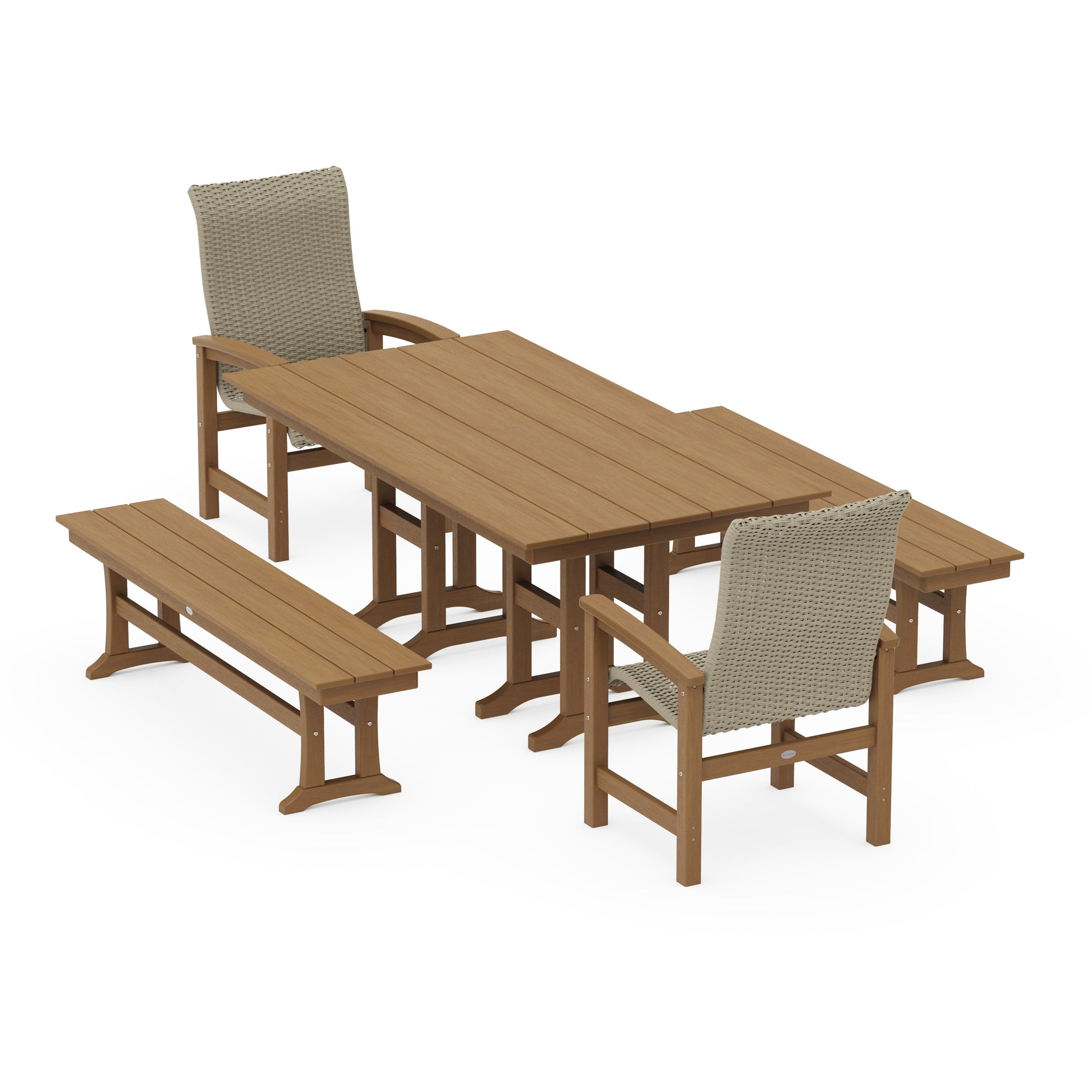 Coastal Woven High-Back 5-Piece Farmhouse Dining Set with Benches
